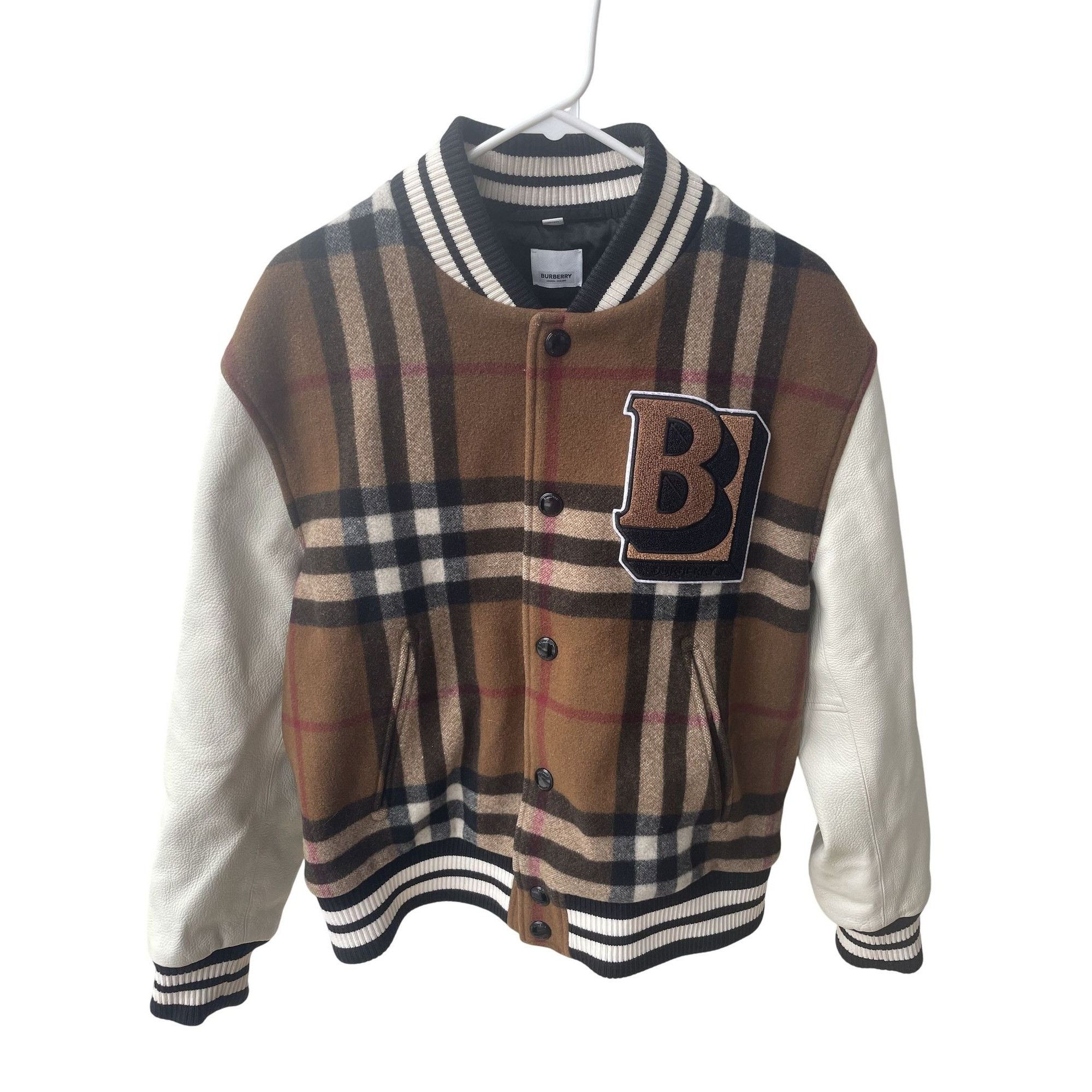 Burberry Wool & Leather Varsity Jacket With Plaid Design & L