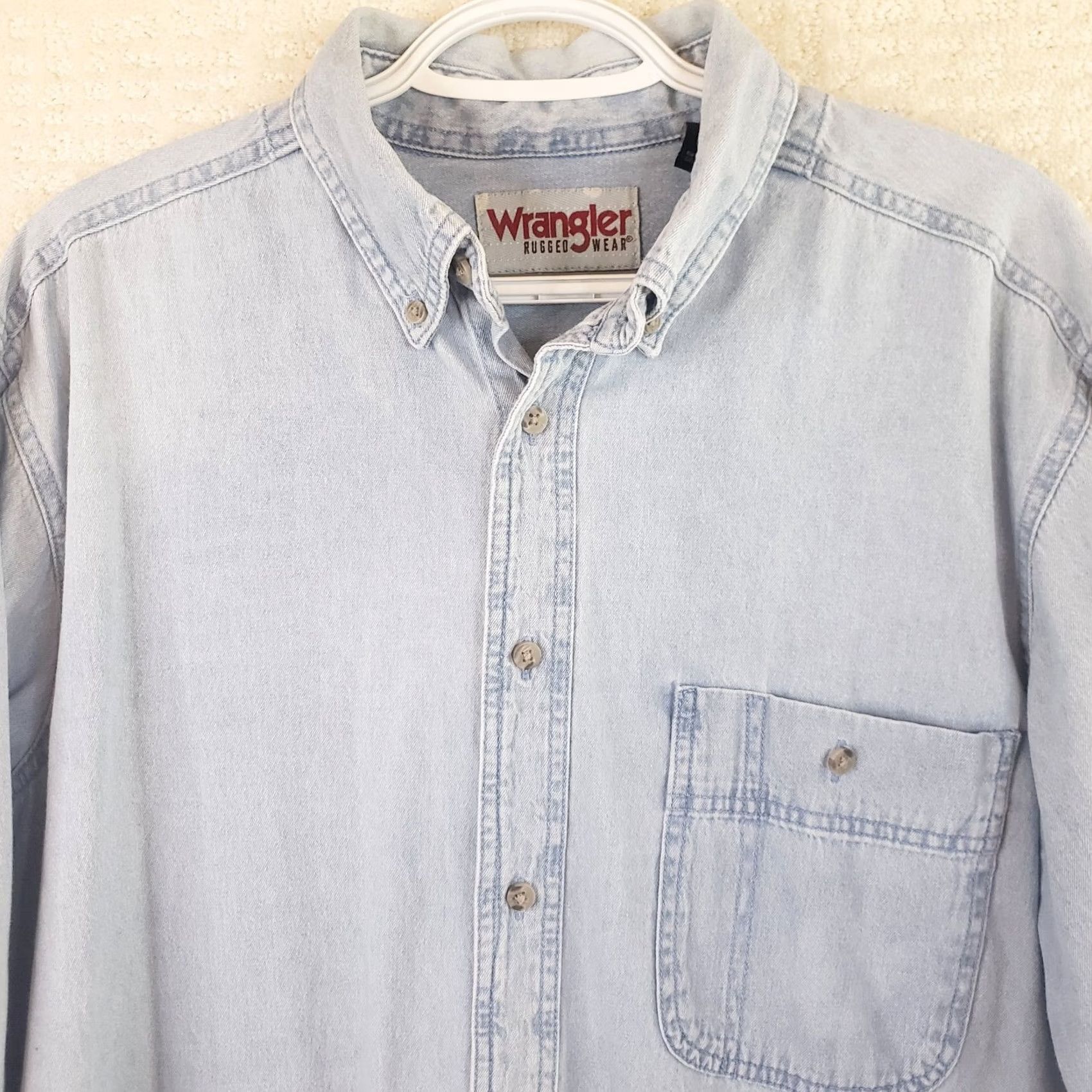 Wrangler Wrangler Rugged Wear Denim Shirt Mens Large Blue Button Up 100% Cotton Classic Western Cowboy Grunge Workwear Size US L / EU 52-54 / 3 - 3 Thumbnail