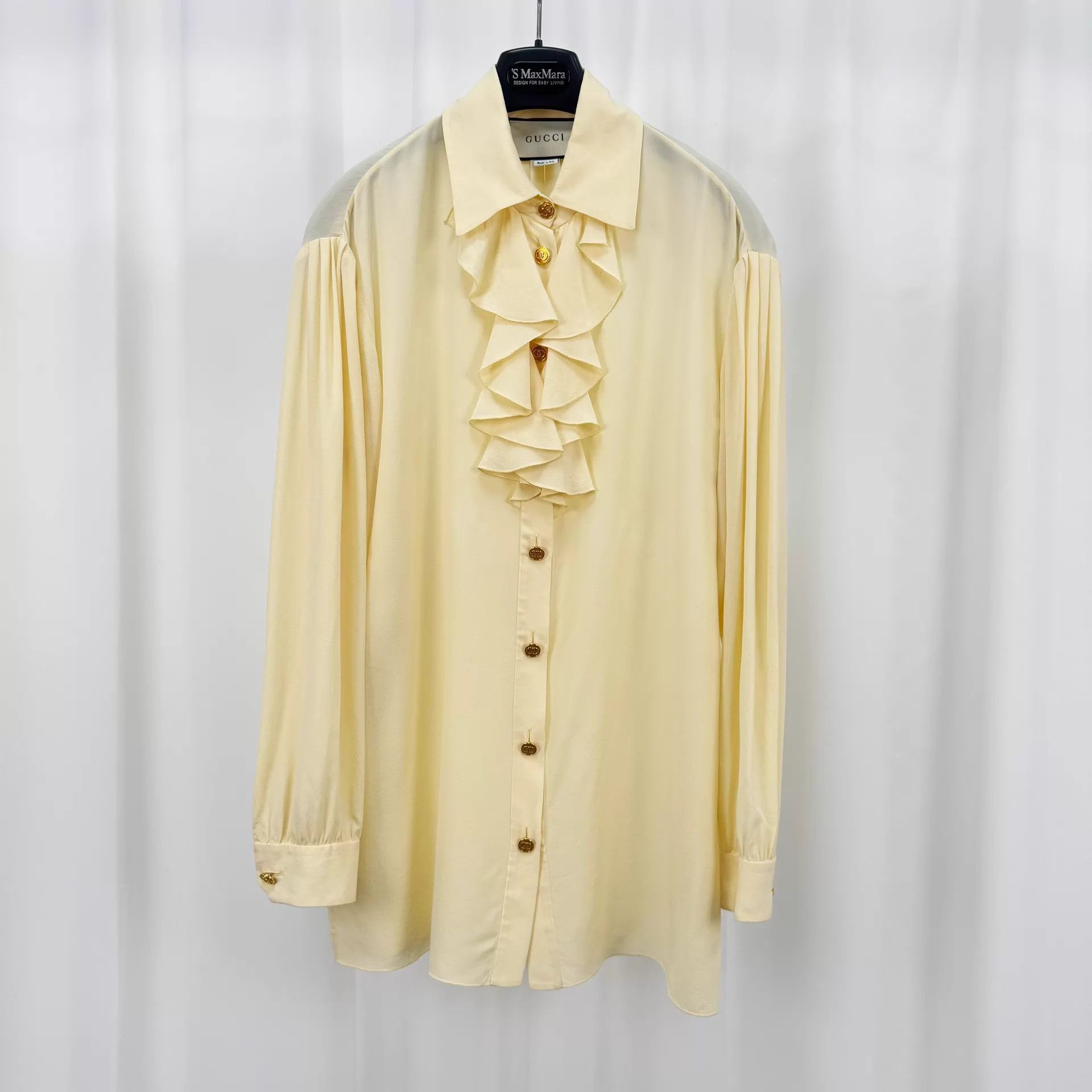 Gucci Ruffle Silk Shirt 40 99 New GG Enamel Button