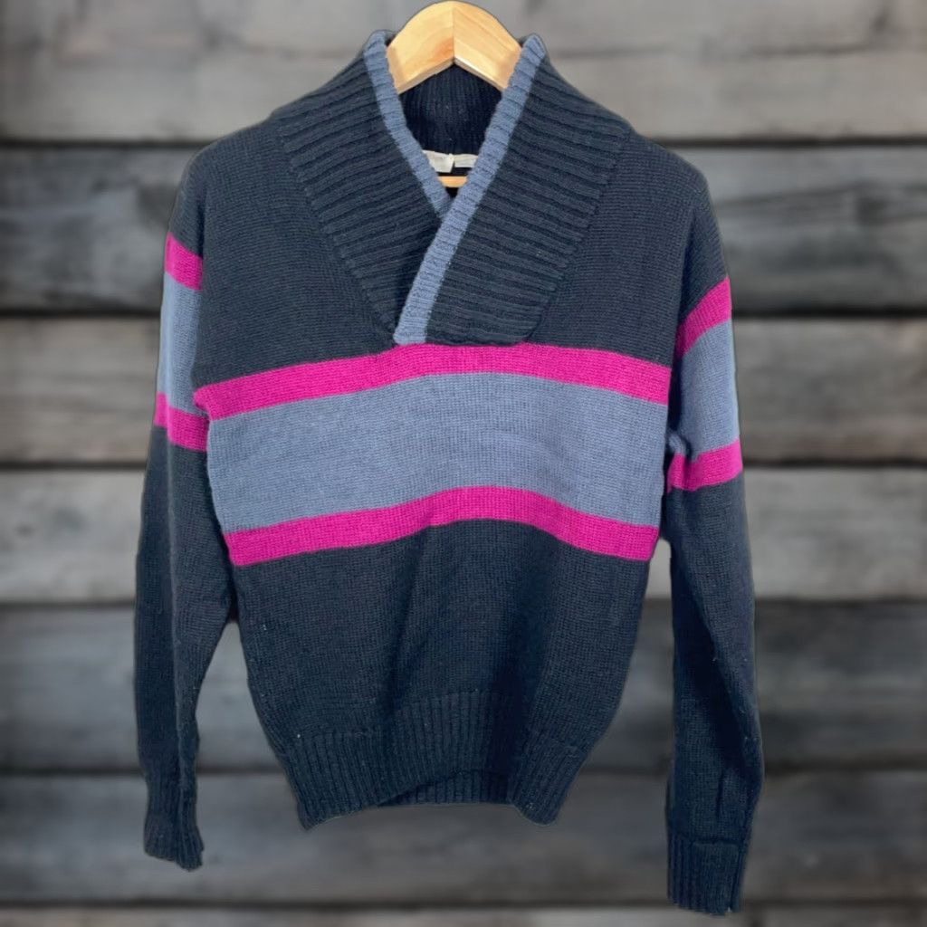 Yves Saint Laurent VINTAGE Saint Laurent Wool Shawl Collar Sweater 80s Men Small Black Pink Striped Knit Pullover Casual Mens Size US S / EU 44-46 / 1 - 1 Thumbnail
