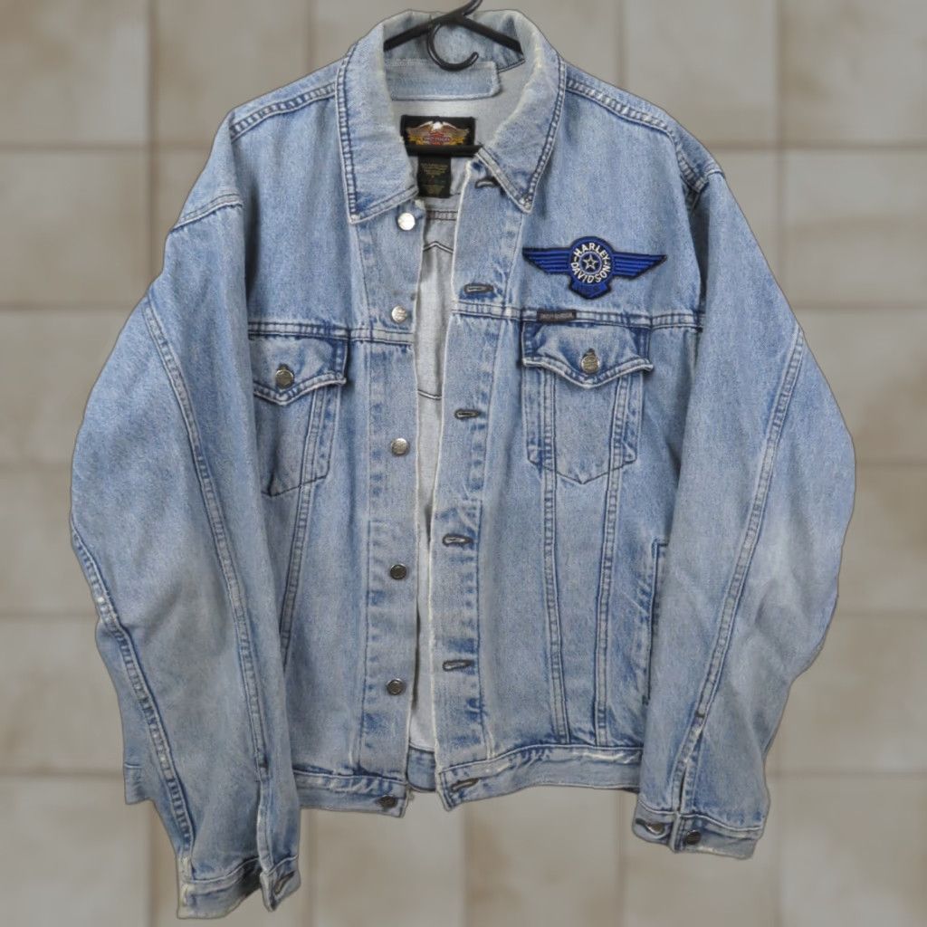 VINTAGE Harley-Davidson Denim Trucker Jacket Men L Blue Cotton Solid Button Collared Lightweight Pockets Bike Motorcycle Jacket