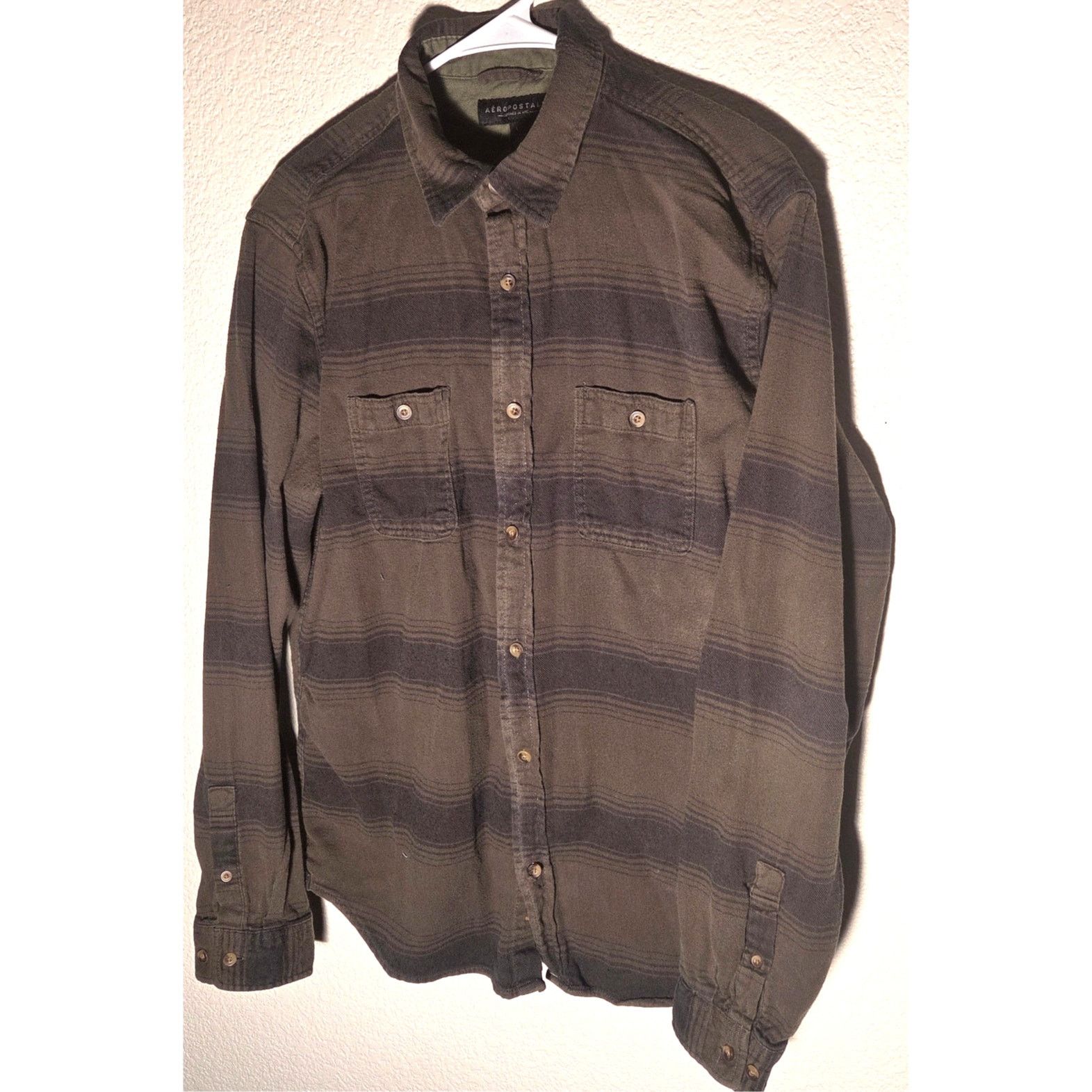 Aeropostale Aeropostale Army Green Striped Button-Up Shirt - Large Size US L / EU 52-54 / 3 - 3 Thumbnail