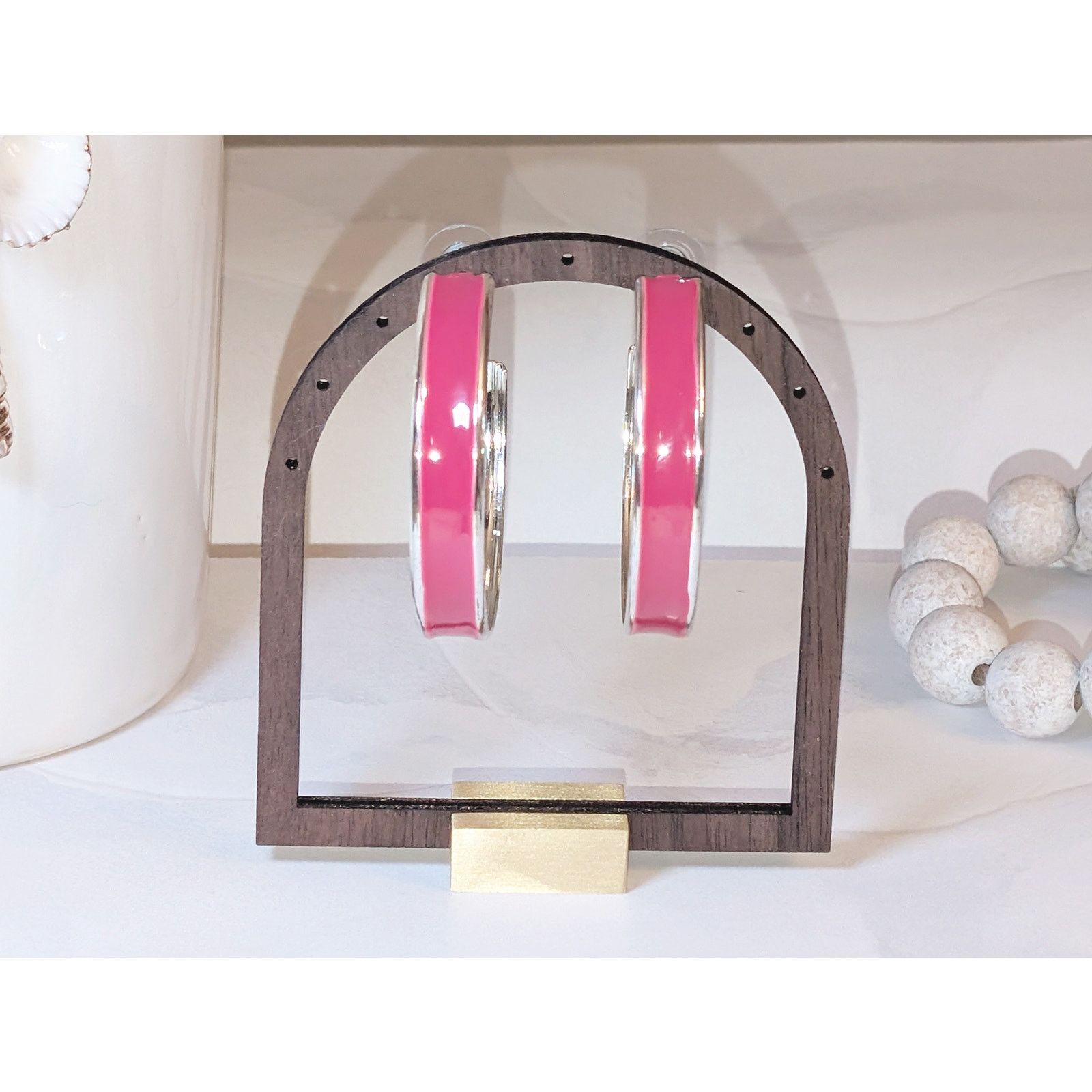 Vintage VTG 1980s Silver-Tone Rosy Pink Enameled Large Hoop Earrings Size ONE SIZE - 1 Thumbnail