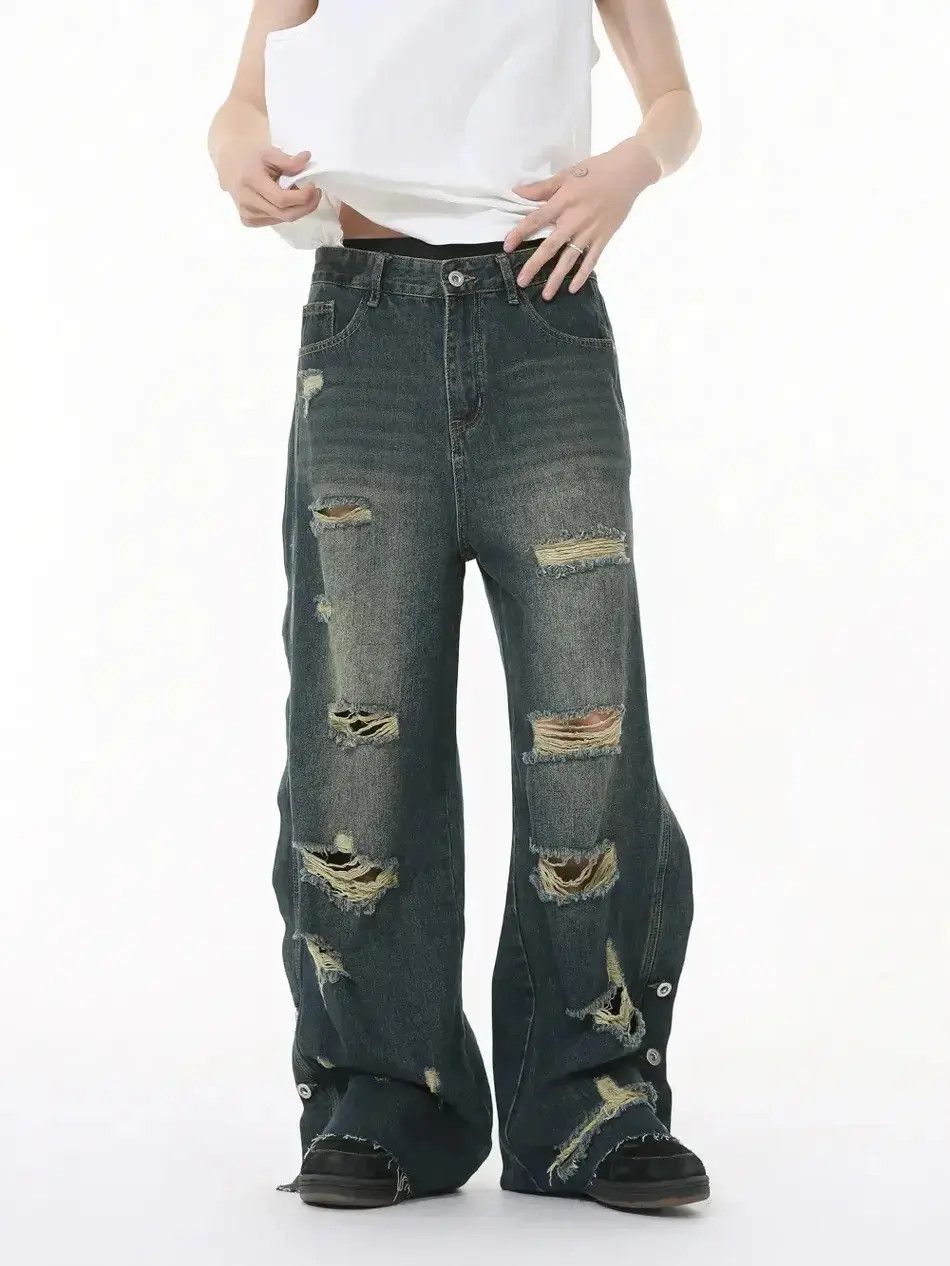 Japanese Brand Retro loose fringed ripped jeans Size US 32 / EU 48 - 1 Thumbnail