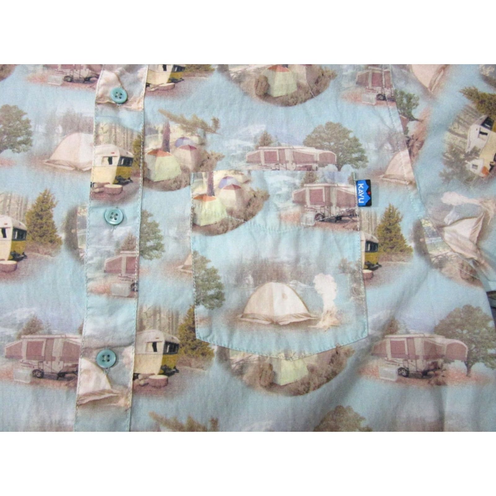 KAVU Kavu Shirt Mens Medium Blue Beige Outdoor Camping Trailers Tent Short Sleeve Size US M / EU 48-50 / 2 - 3 Thumbnail