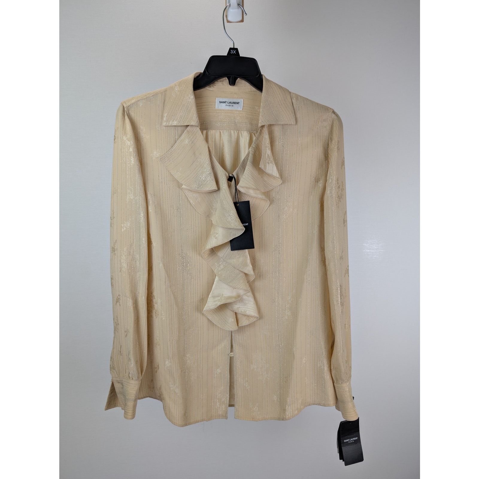 Saint Laurent Paris o1rshd1 Chemise Tight Fitted Ruffled Silk Shirt in Beige Size US M / EU 48-50 / 2 - 2 Thumbnail