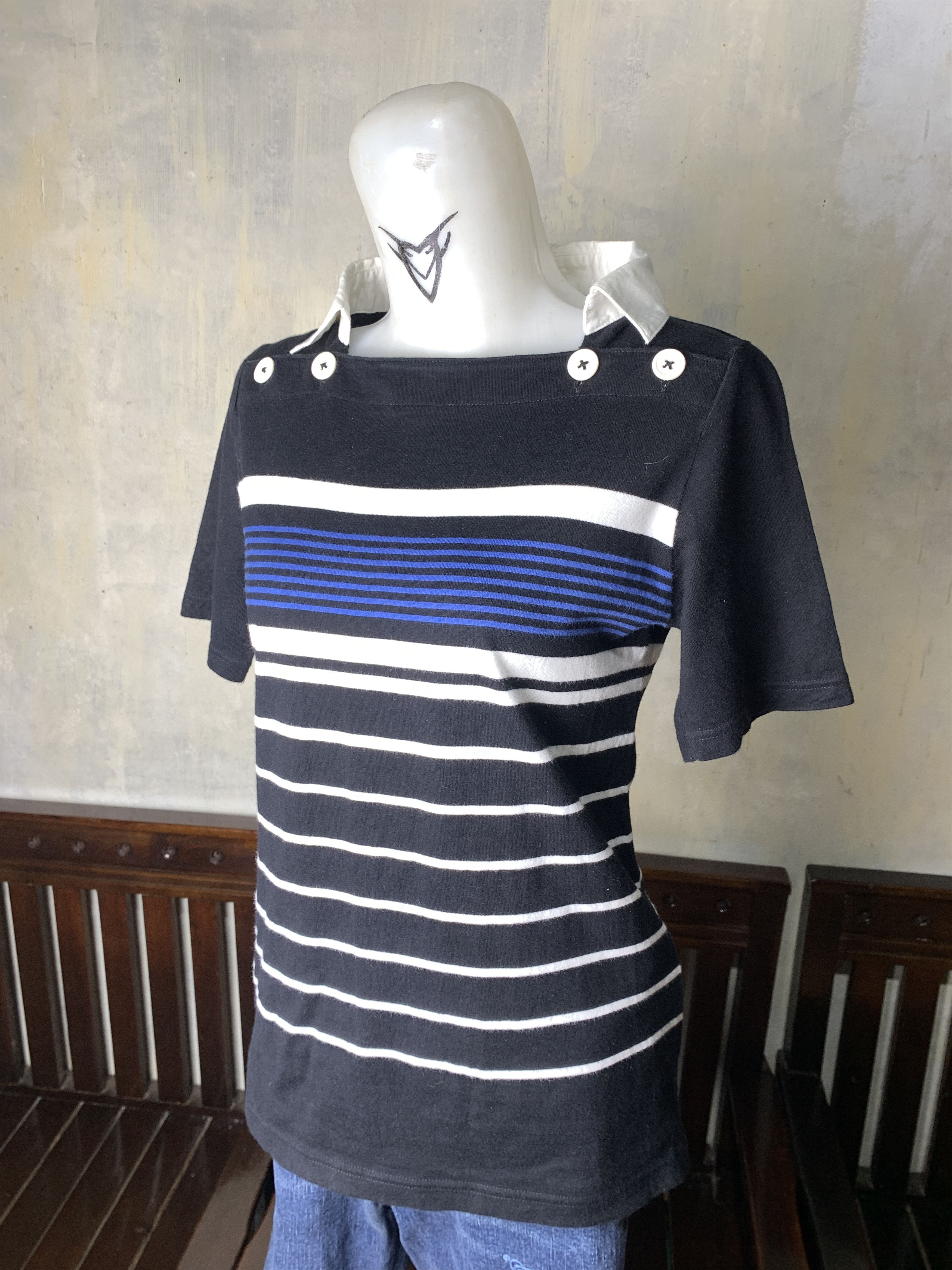 Japanese Brand HusHush Black Stripes Decorativ Shoulders Polo (M) Size M / US 6-8 / IT 42-44 - 2 Thumbnail