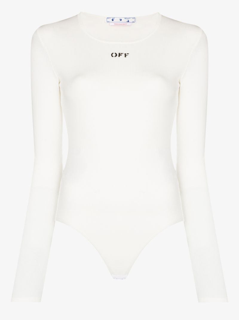 o1gr1nt0425 Off Stamp Ribbed L/S Bodysuit in White