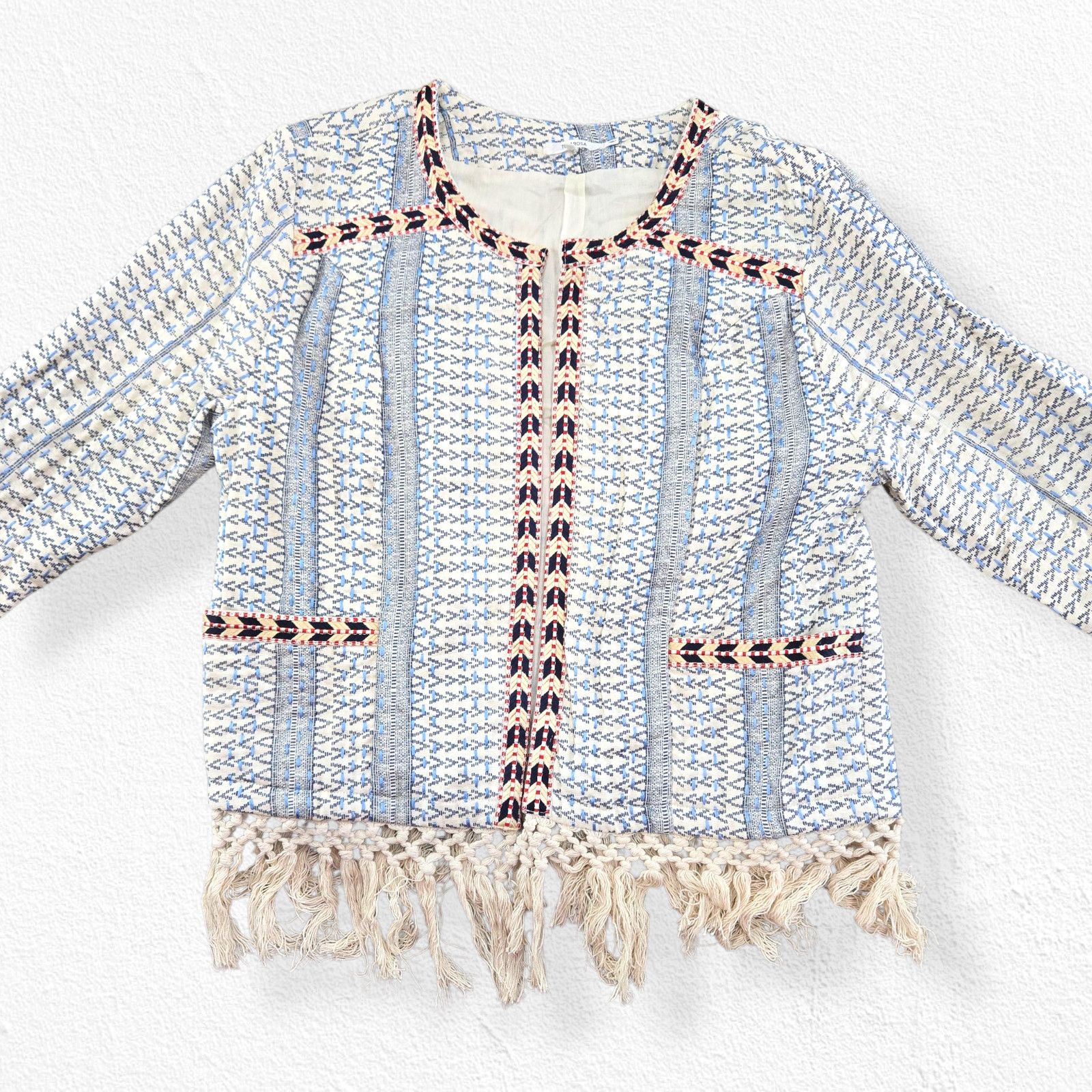 Other Tularosa Blue White Boho Fringe Blazer Size Medium Size M / US 6-8 / IT 42-44 - 3 Thumbnail
