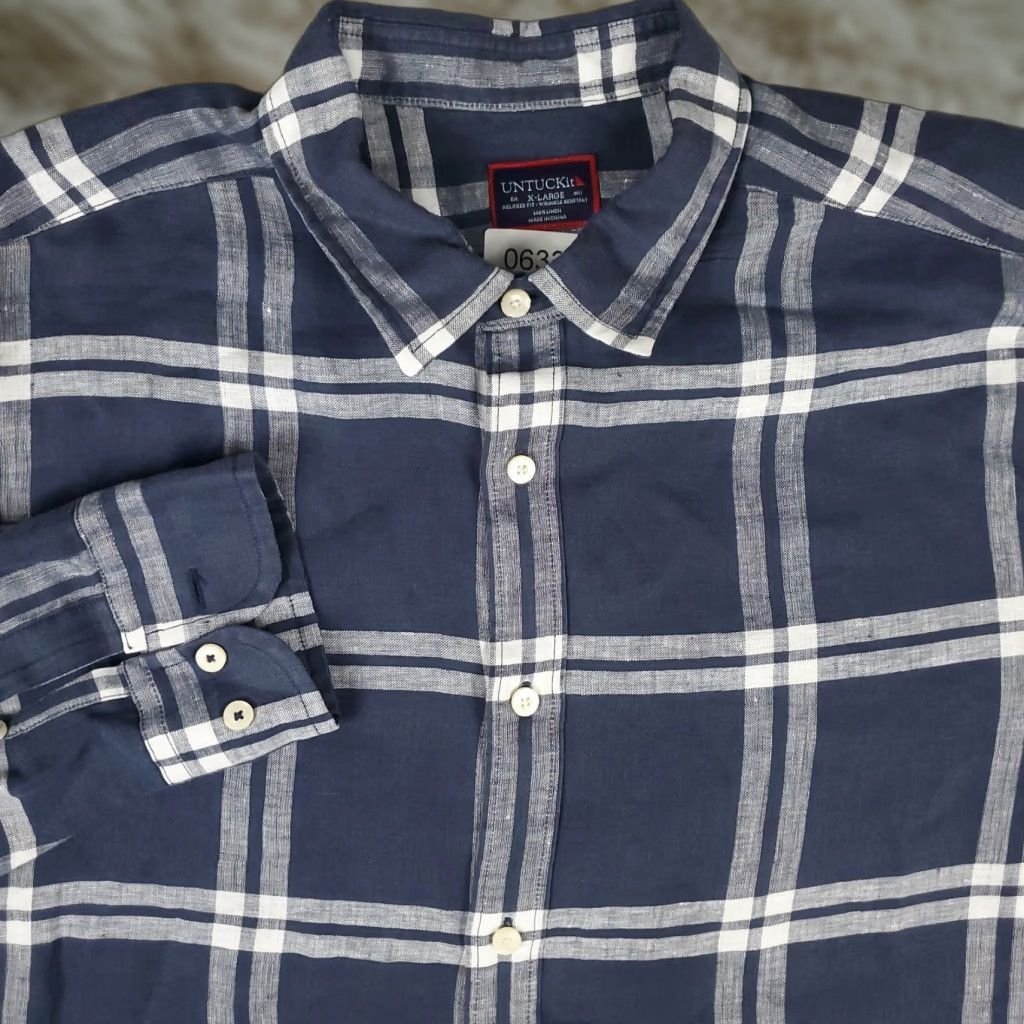 UNTUCKit UNTUCKit Men's XL Blue Plaid Linen Button-Up Shirt Long Sleeve Casual Size US XL / EU 56 / 4 - 1 Thumbnail