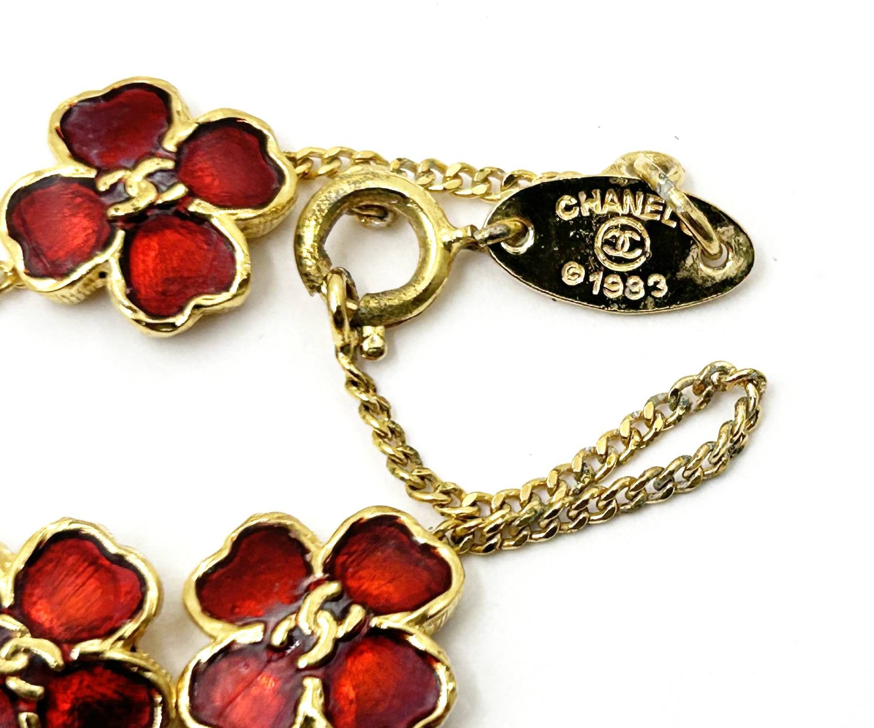 Chanel Chanel Rare Vintage Gold Plated CC 3 Red Flower Bracelet Size ONE SIZE - 4 Thumbnail