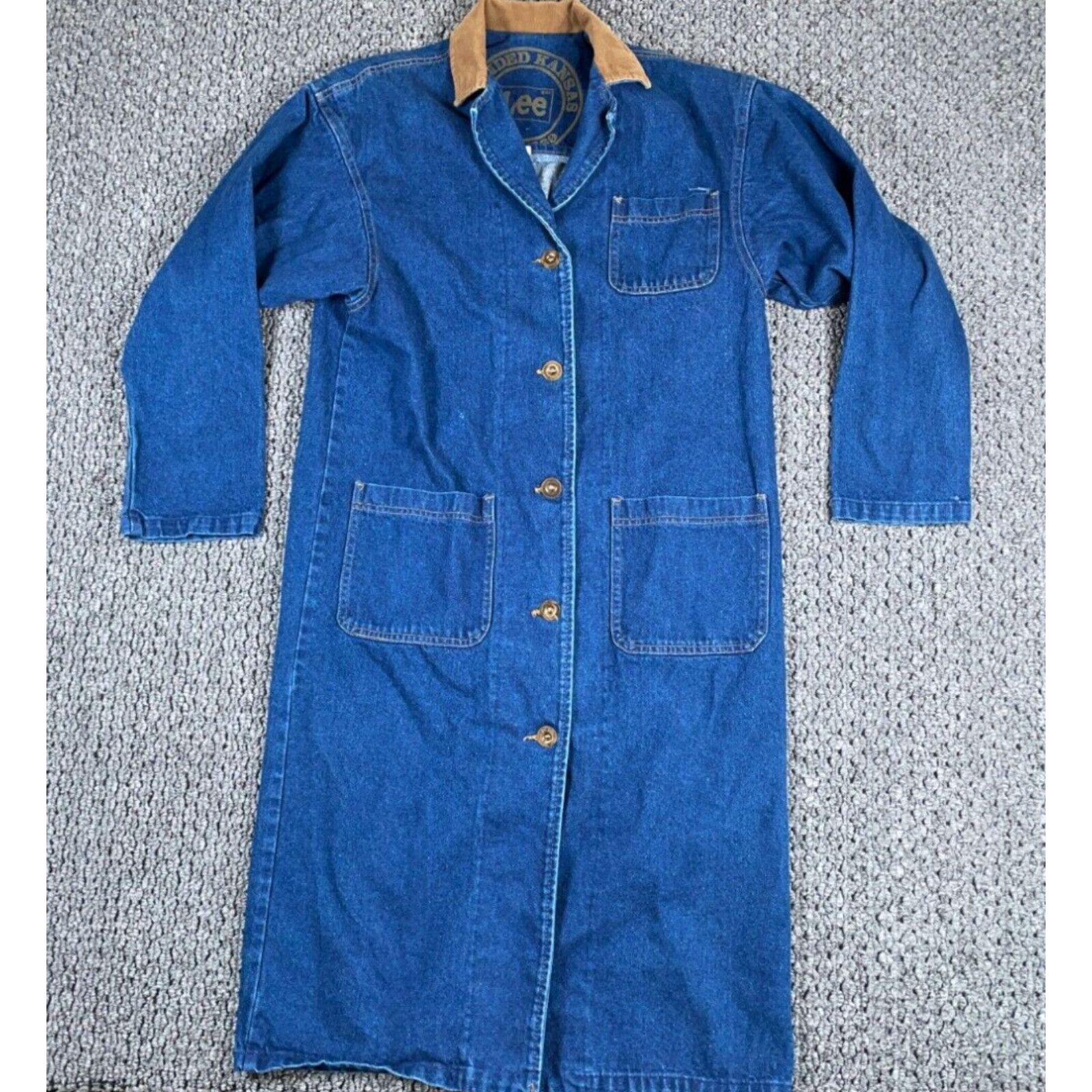 Image of VTG 80's Lee Long Denim Barn Coat Women's Small Blue Trench Duster Corduroy in White