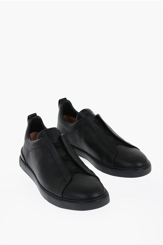 image of Ermenegildo Zegna Leather Triple Stitch Low Top Sneakers in Black, Men's (Size 11)