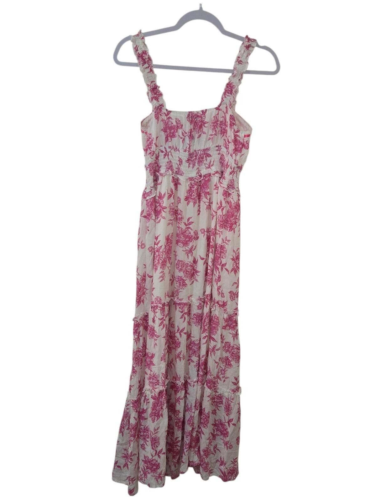 Flower Mountain Inspired Hearts Pink Floral Midi Dress Tiered Smocked Size L / US 10 / IT 46 - 2 Thumbnail