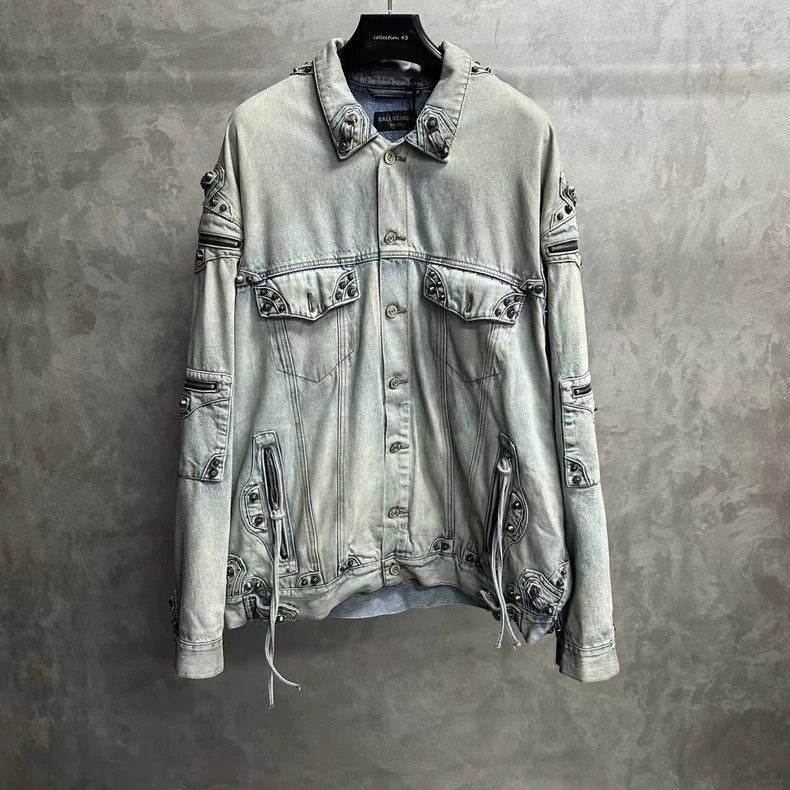 Balenciaga Blue studded lapel single-breasted denim jacket