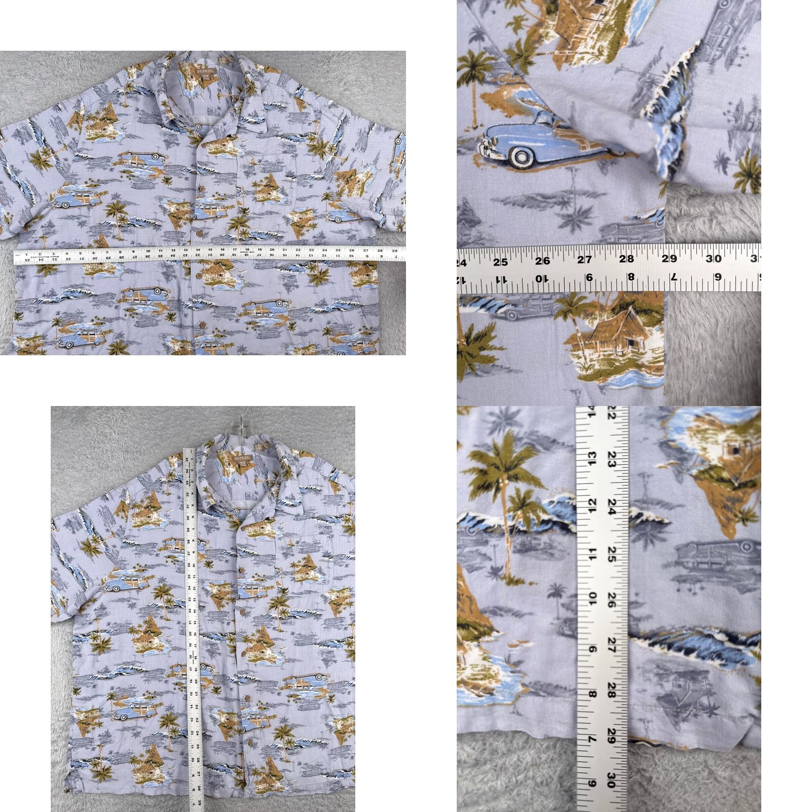 George George Button-Up Shirt Men 3XL Blue Palm Hawaiian Classic Car 100% Rayon Floral Short Sleeve Collared Pocket Boatneck? Size US XXL / EU 58 / 5 - 8 Thumbnail