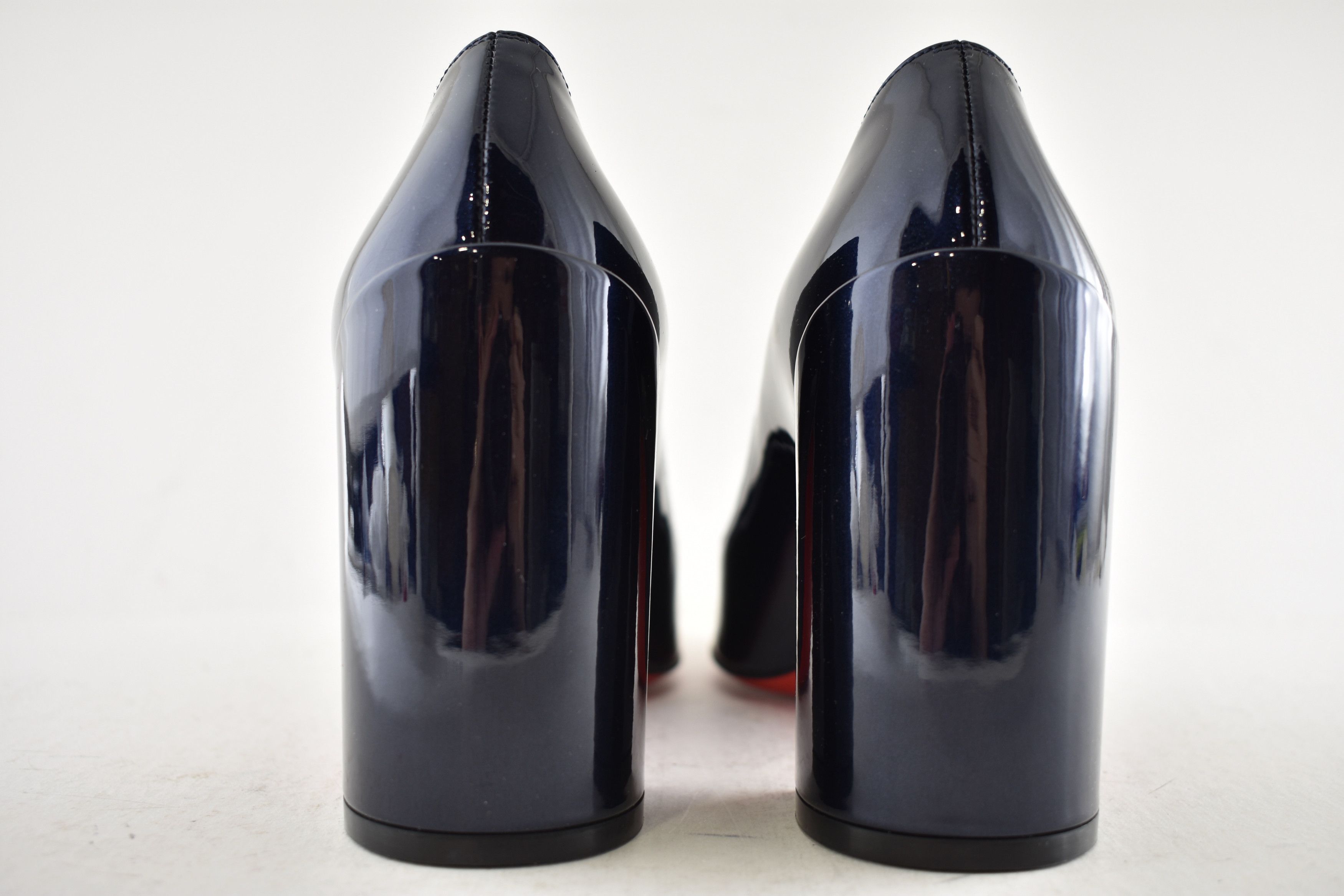 Christian Louboutin Miss Sab 85 Zaffiro Navy Blue Patent Block Heel Pump 37 Size US 7 / IT 37 - 15 Thumbnail