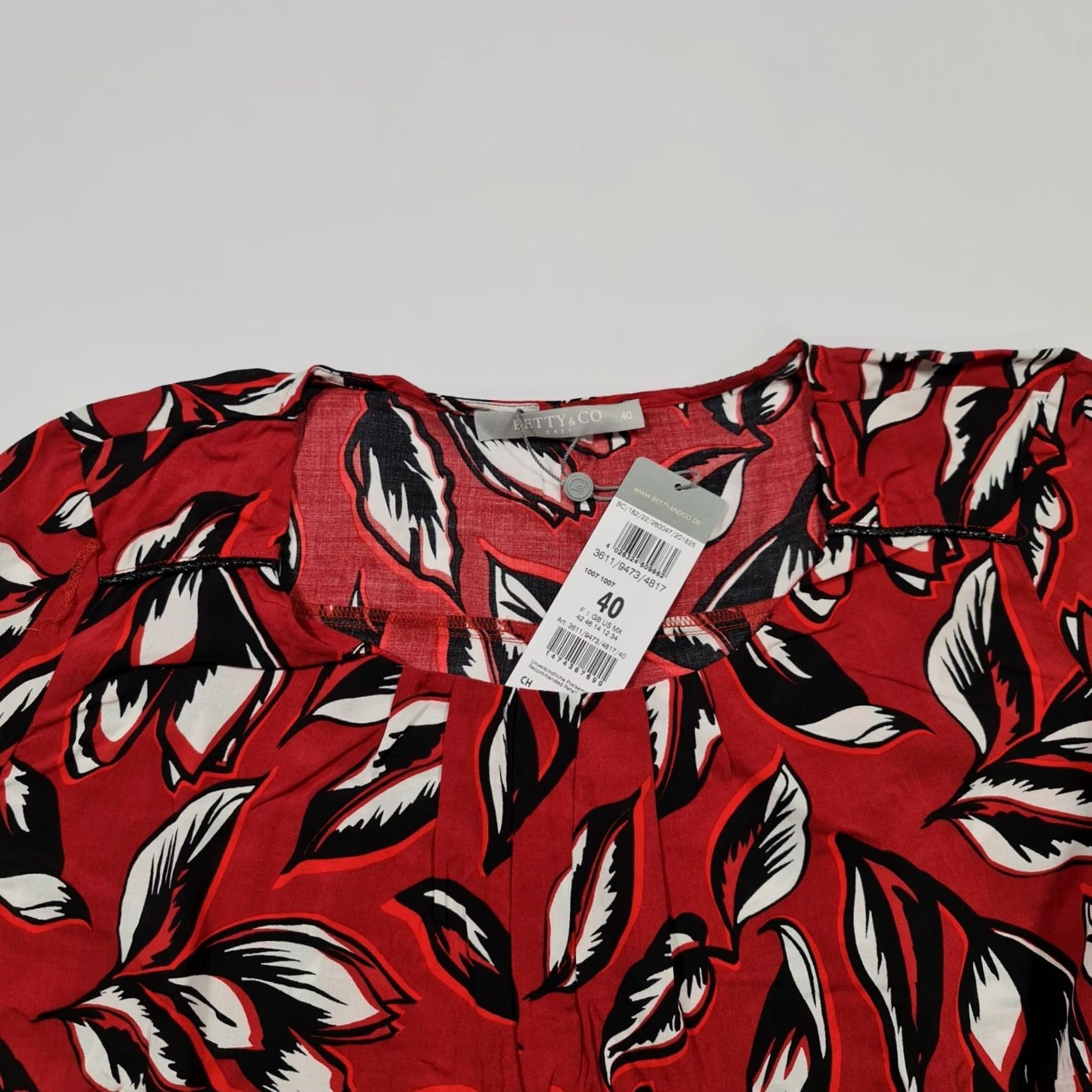 CO Betty & CO Womens Blouse Red 14 UK Floral 3/4 Sleeves Elastic Hem Top Size XL / US 12-14 / IT 48-50 - 2 Thumbnail