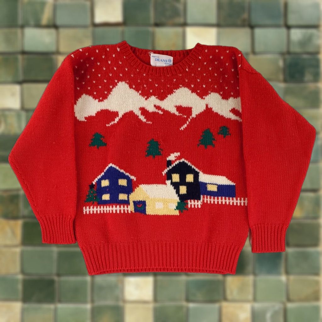 Vintage VINTAGE Deans of Scotland Sweater Pullover 100% Wool Red Mens M Patterned Houses Trees Size US M / EU 48-50 / 2 - 1 Thumbnail