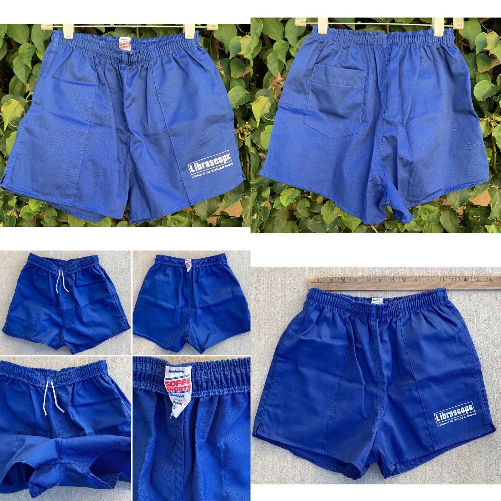 Soffe VINTAGE Soffe Shorts Unisex Adults M Blue Cotton Blend Drawstring Waist Flat Front Graphic Left Leg 32-34 12” Rise Casual Size US 31 - 10 Thumbnail