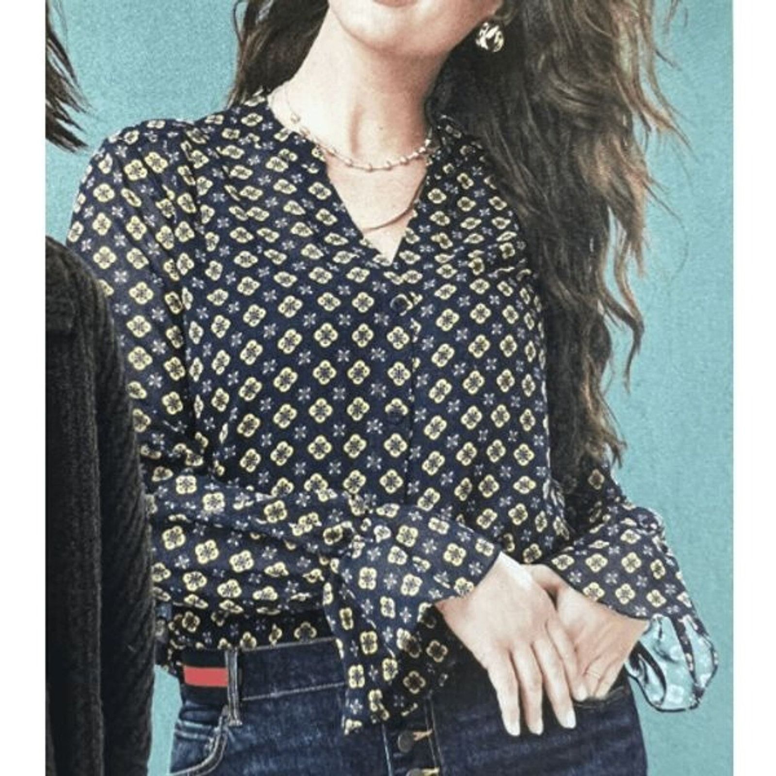 Anthropologie CAbi Mosaic Blouse Blue Yellow Top #3773 Sz Medium, MSRP $89 Size M / US 6-8 / IT 42-44 - 1 Thumbnail