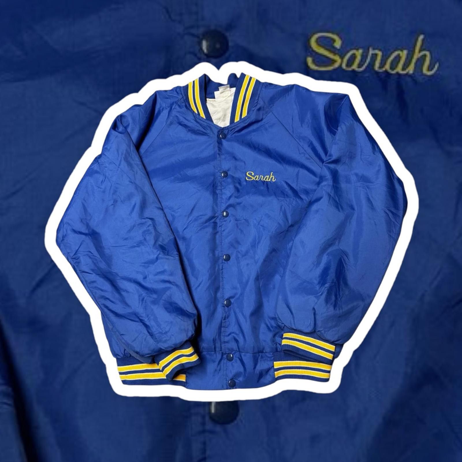 Designer Blue Satin Varsity Jacket with Sarah Embroidery Size L / US 10 / IT 46 - 1 Thumbnail