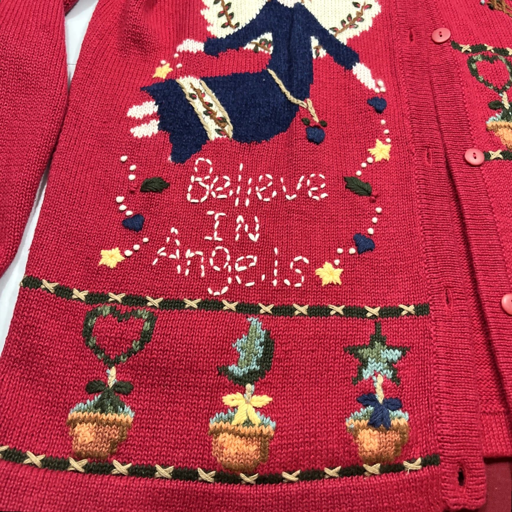 Quacker Factory VINTAGE Quacker Factory Red ANGELS CHRISTMAS Knit Cardigan Button Sweater Womens Lg Size L / US 10 / IT 46 - 2 Thumbnail