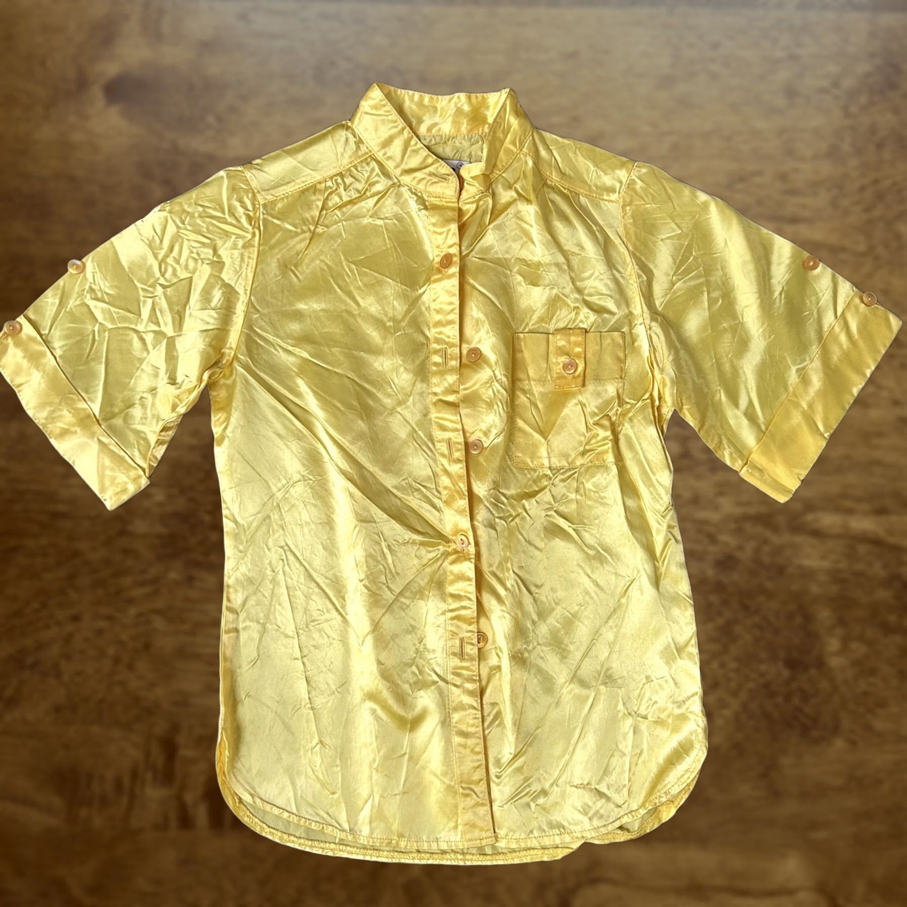 Vintage VINTAGE DiJon Shirt Womens 14 Yellow Satin Acetate Button Short Sleeve Top Size XL / US 12-14 / IT 48-50 - 1 Thumbnail