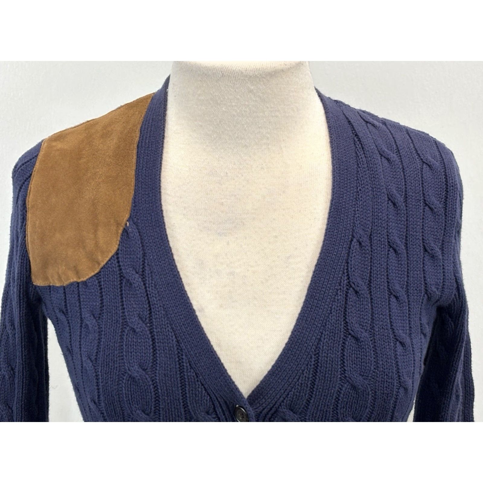 Ralph Lauren VINTAGE Ralph Lauren Cardigan Sweater Women’s XS Navy Blue Suede Patch Cable-Knit 90s Size XS / US 0-2 / IT 36-38 - 5 Thumbnail