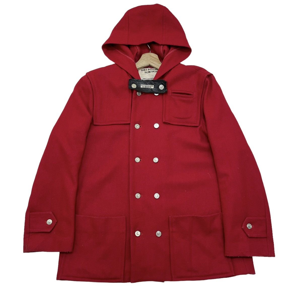 image of Diet Butcher Slim Skin x Vintage Diet Bucther Slim Skin Double Pocket Hooded Wool Jacket in Red (Si