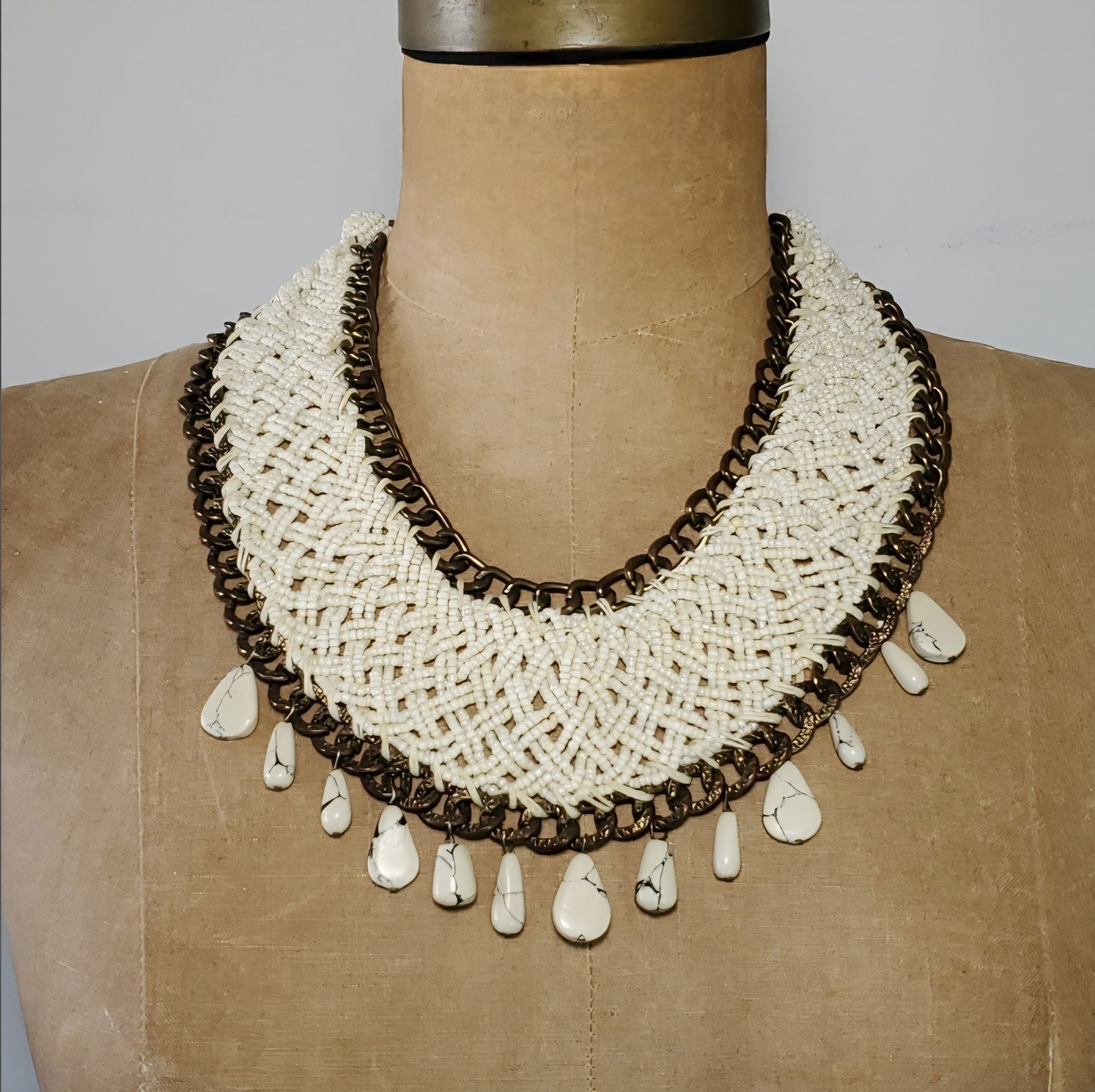 Handmade Necklace 18-24" Collar Woven Beaded Hand Crafted White Size ONE SIZE - 1 Thumbnail
