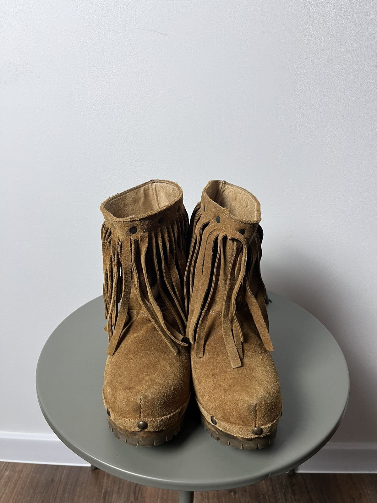 Cowboy Equipment × Vintage Western Fringe Suede Leather Boots with Wooden Platform Sole Size US 6 / IT 36 - 4 Thumbnail