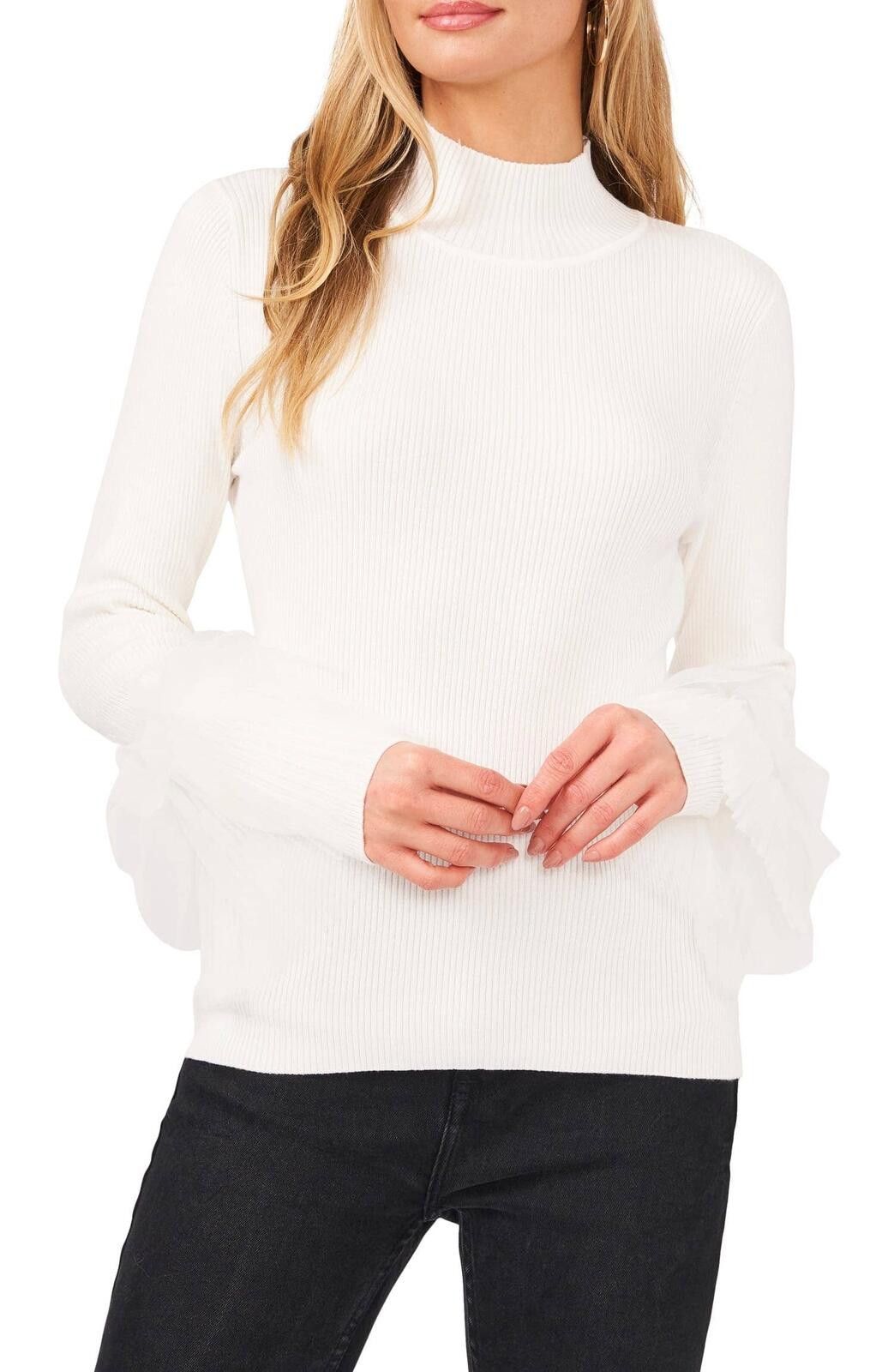Vince Camuto Vince Camuto White Tulle & Ruffle Mock Neck Sweater Size M / US 6-8 / IT 42-44 - 1 Thumbnail
