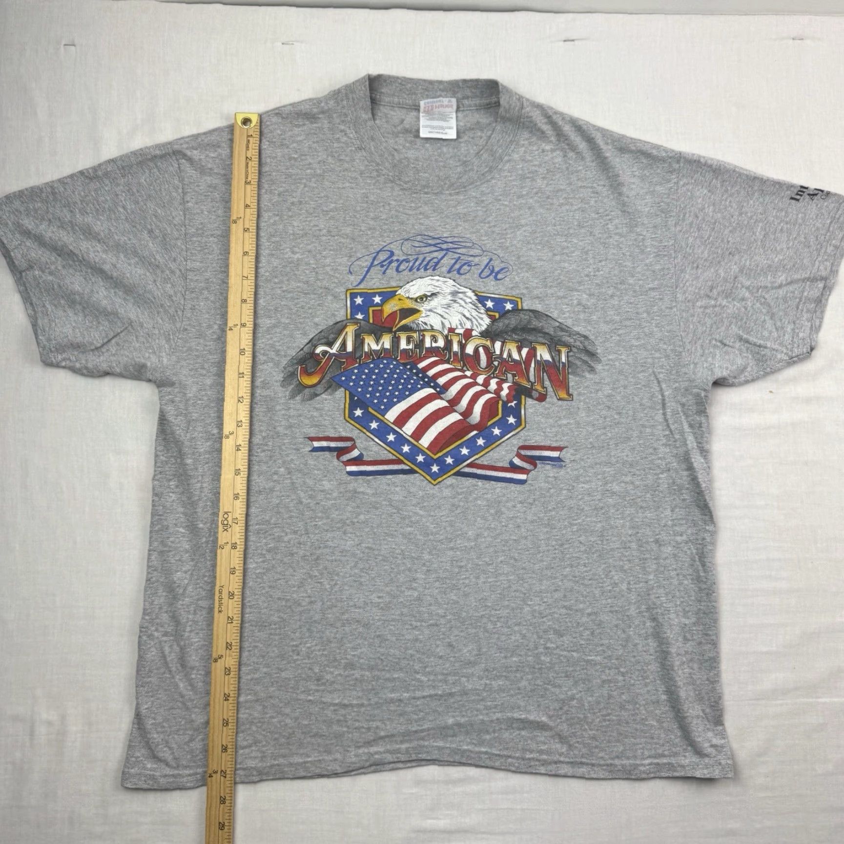 Hanes VINTAGE Hanes T-Shirt Main Selling Point: Proud American USA Flag 90s Patriotic Short Sleeve Crew Neck Gray Adult Large Mens Shirt Size US L / EU 52-54 / 3 - 6 Thumbnail