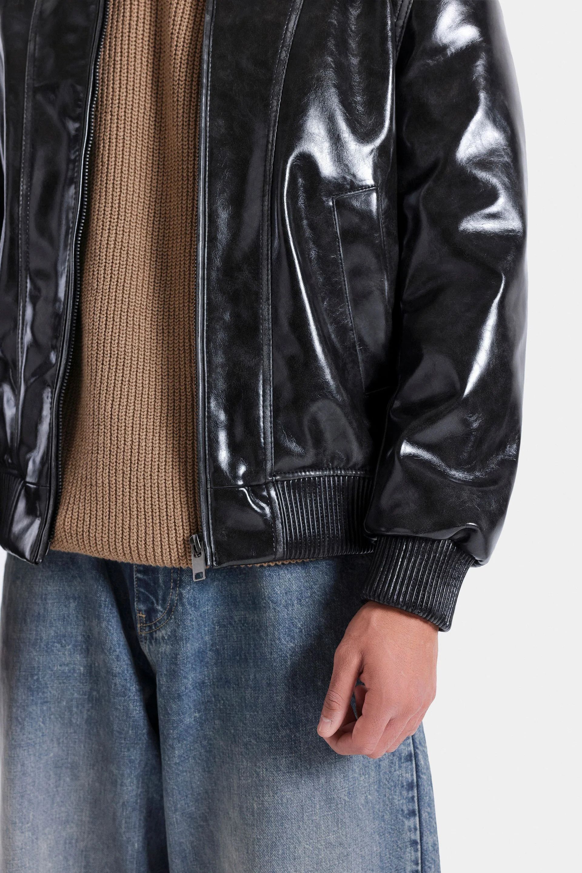 Other Men’s Black Faux Leather Bomber Jacket Zip Up Size US XL / EU 56 / 4 - 6 Thumbnail