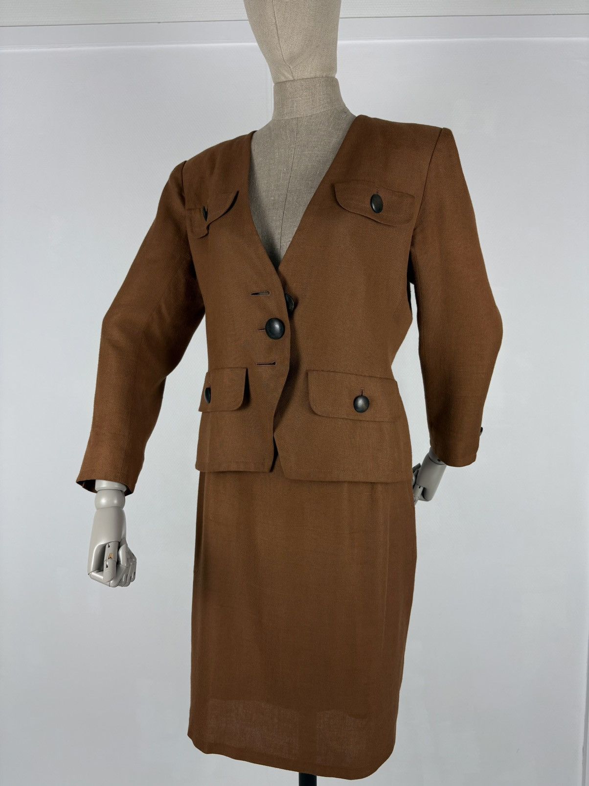 Yves Saint Laurent Rare 70's YSL Variation Rive Gauche Linen Elegant Set 2 Piece Skirt Suit Blazer Jacket Size M / US 6-8 / IT 42-44 - 8 Thumbnail
