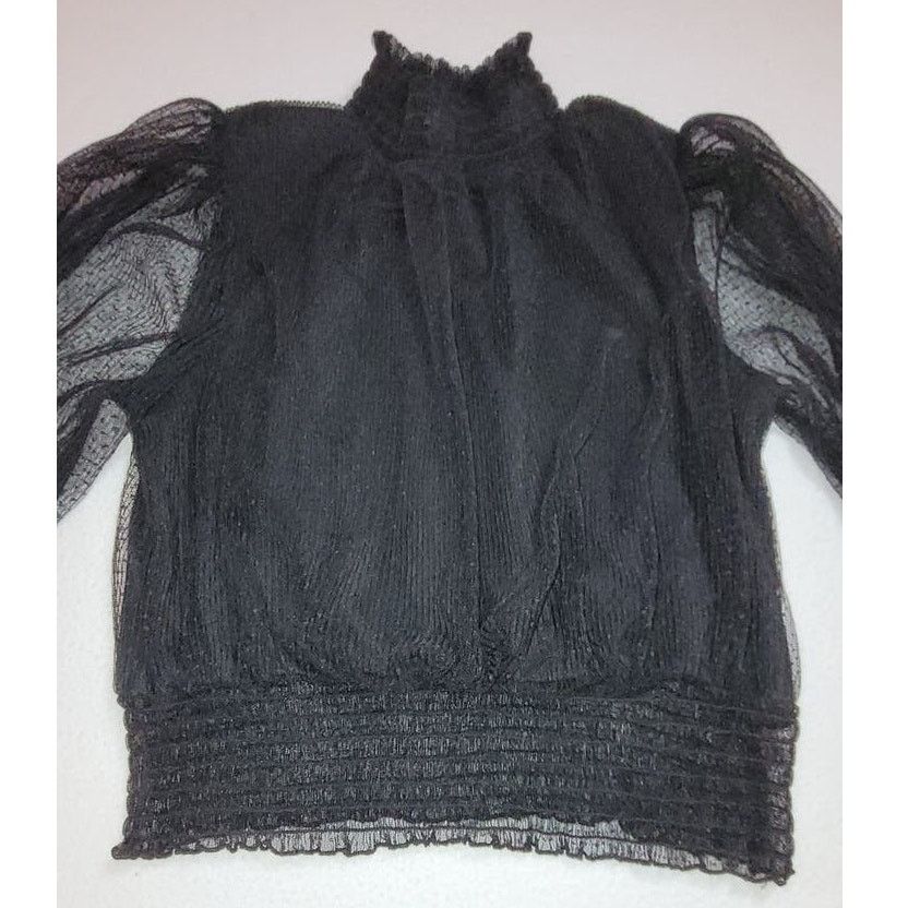 Other Shinestar Womens Crop Top Small Black Mesh Sheer Puff Sleeve Size S / US 4 / IT 40 - 2 Thumbnail