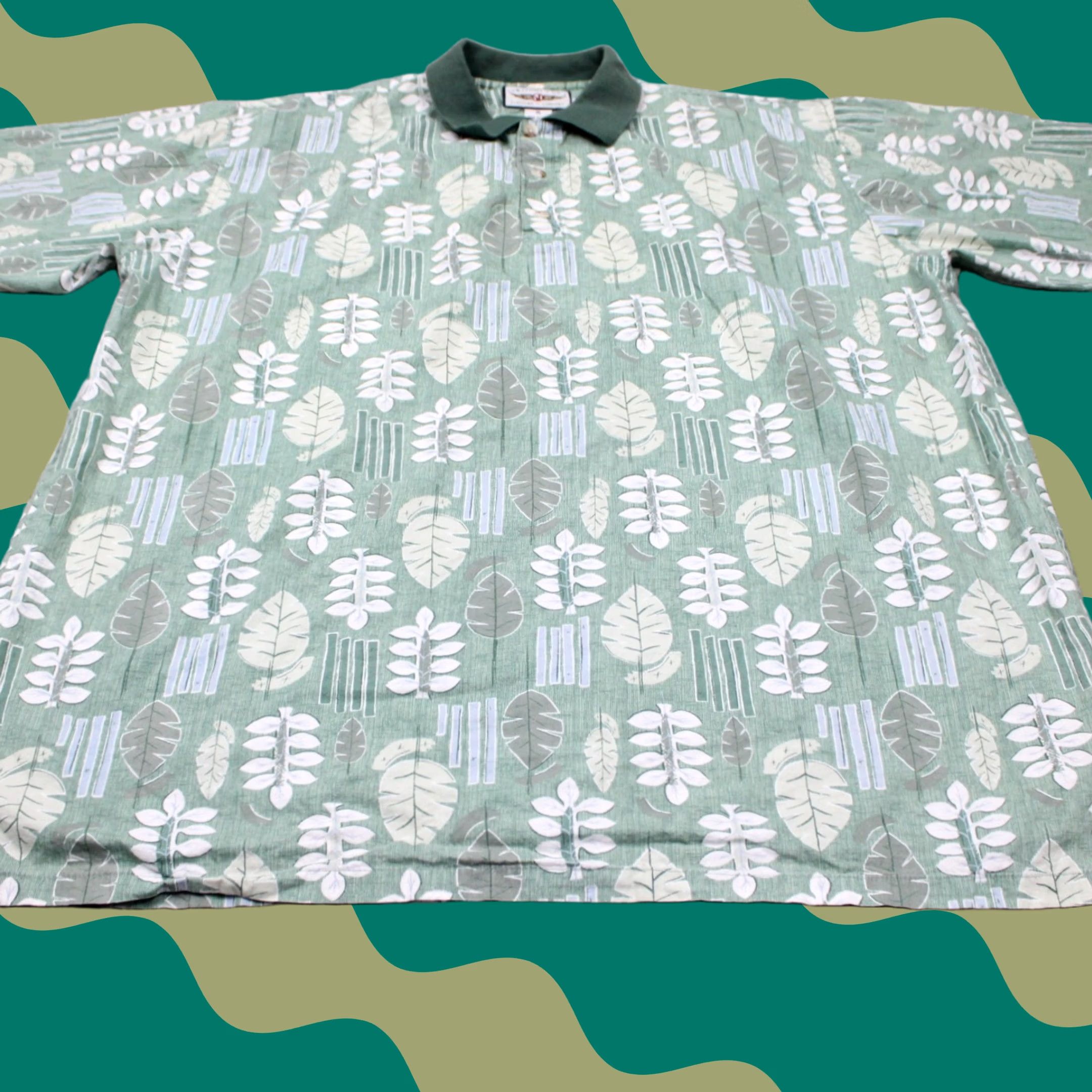 Vintage Straight Down Polo Shirt Mens XL Green Floral 100% Cotton Short Sleeve Pullover Shirt Size US XL / EU 56 / 4 - 1 Thumbnail