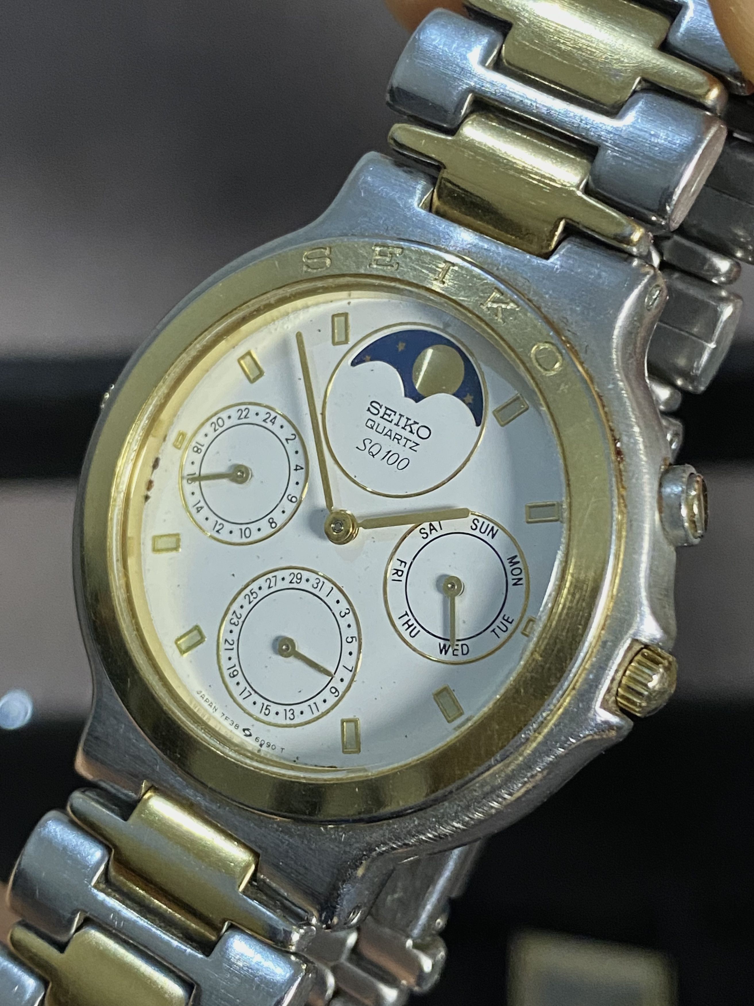 Seiko × Vintage 💥 Vtg 80's Seiko Twotone Triple Calendar Moon Phase Size ONE SIZE - 3 Thumbnail