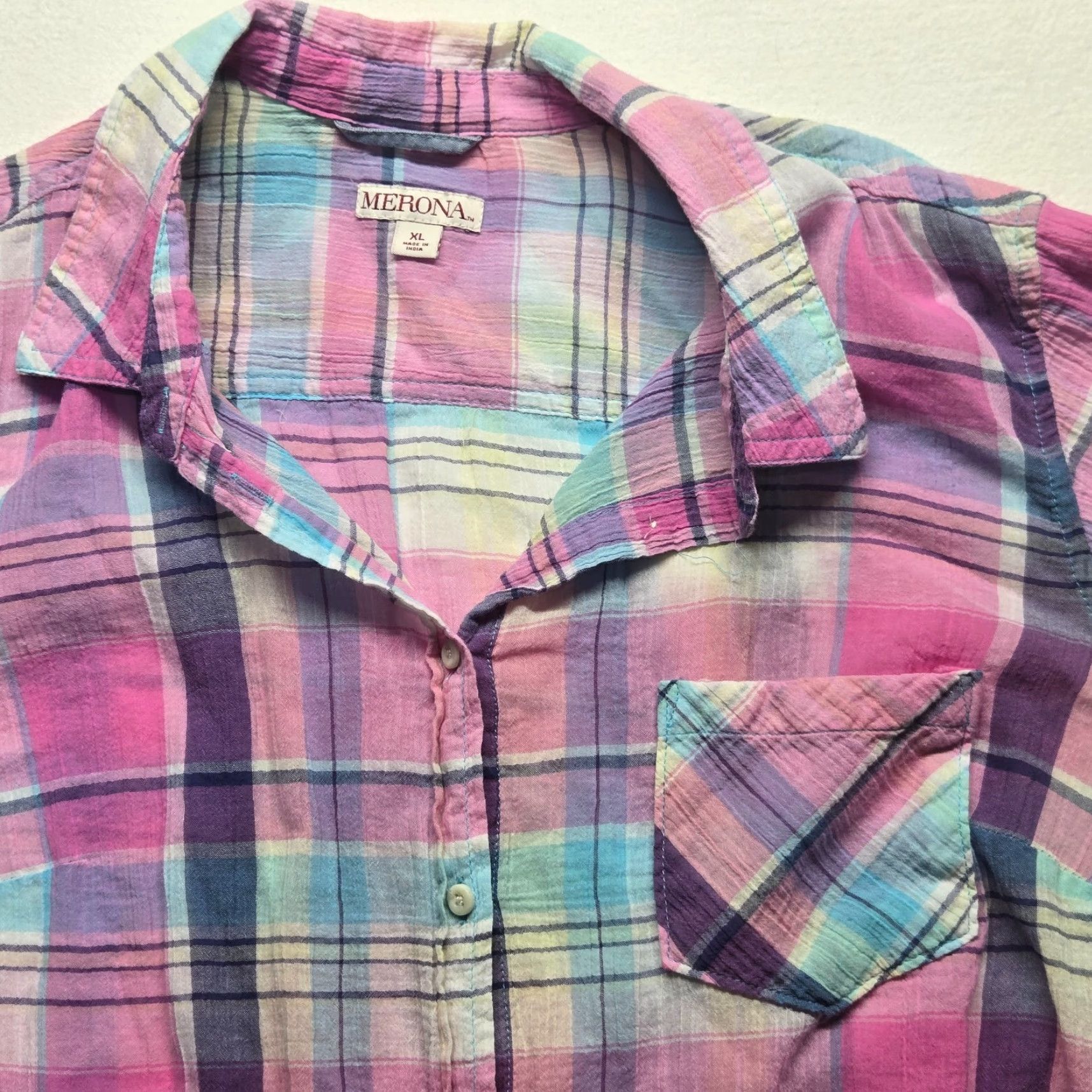 Merona Merona Shirt Womens XL Pink Blue Easter Long Sleeve Button-Up Collar Striped Casual Fit Regular Holiday 90s? (No, avoid extra) Size XL / US 12-14 / IT 48-50 - 2 Thumbnail