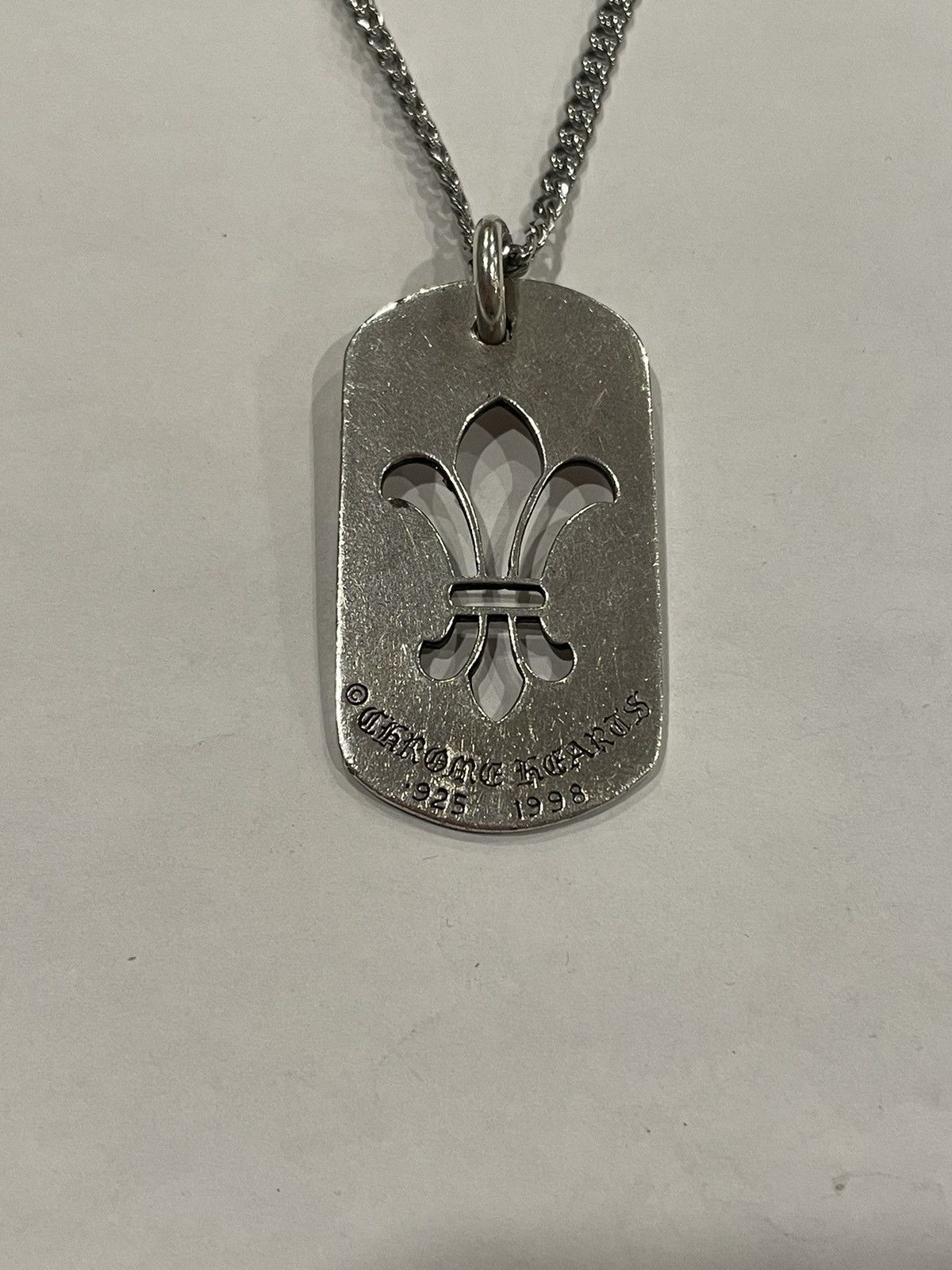 image of Chrome Hearts Fleur De Lis Dog Tag Silver Chain Necklace 925, Men's