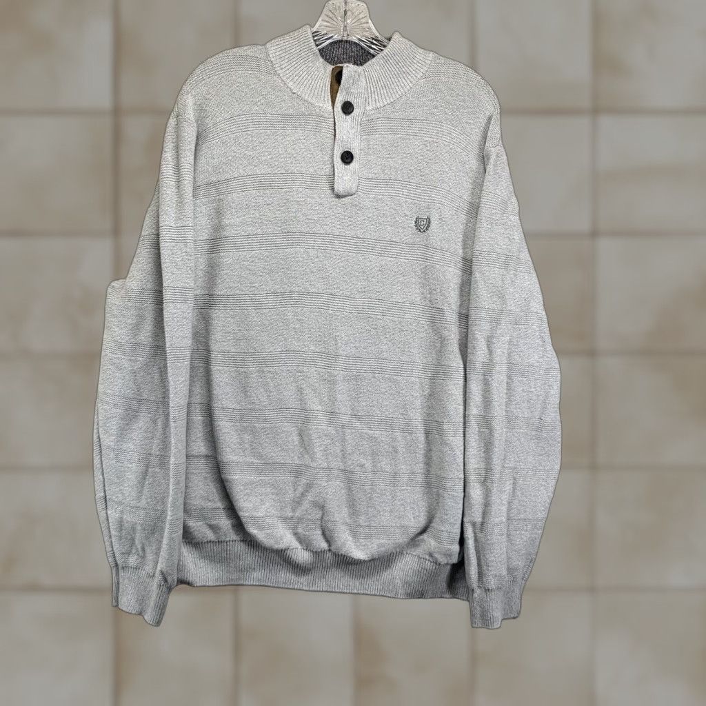 Chaps Chaps 2XL Men's Cotton Sweater Light Gray Striped Mock Neck Henley, Heavyweight, Breathable, Casual, 90s Preppy Size US XXL / EU 58 / 5 - 1 Thumbnail