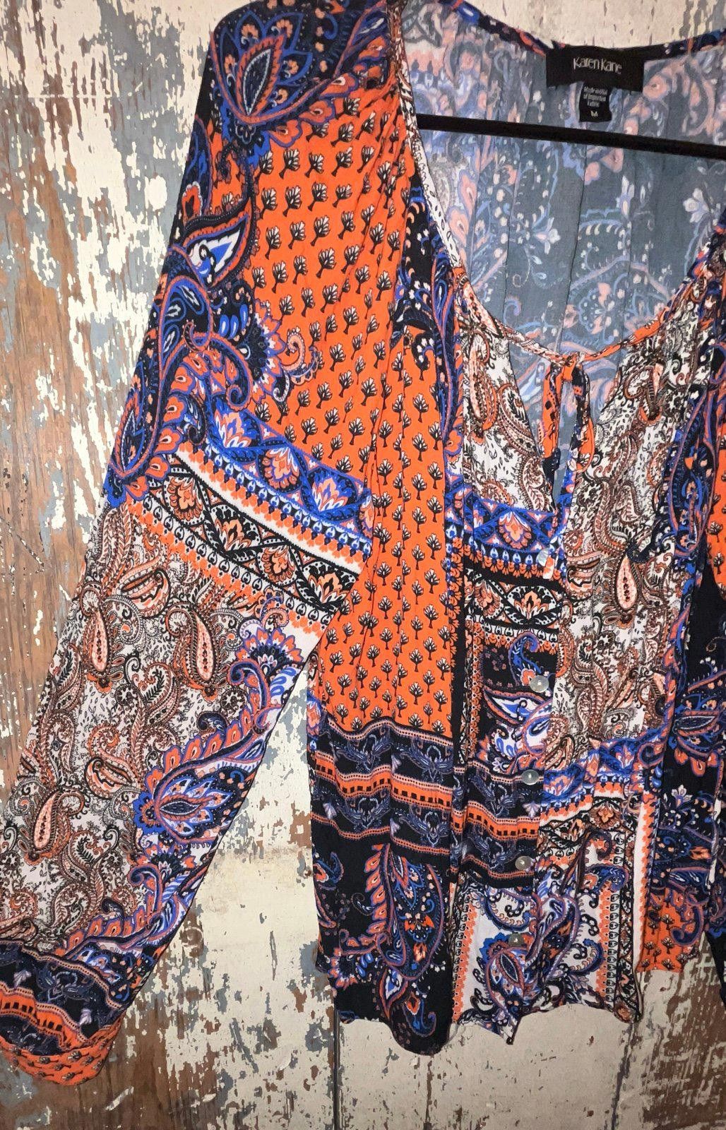 Designer Karen Kane boho blouse, size medium, orange blue Size M / US 6-8 / IT 42-44 - 5 Thumbnail