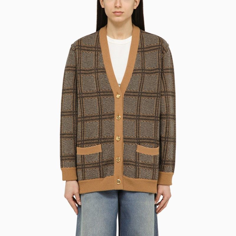 image of Gucci Reversible Camel/blue Wool Cardigan in Brown, Women's (Size Small)