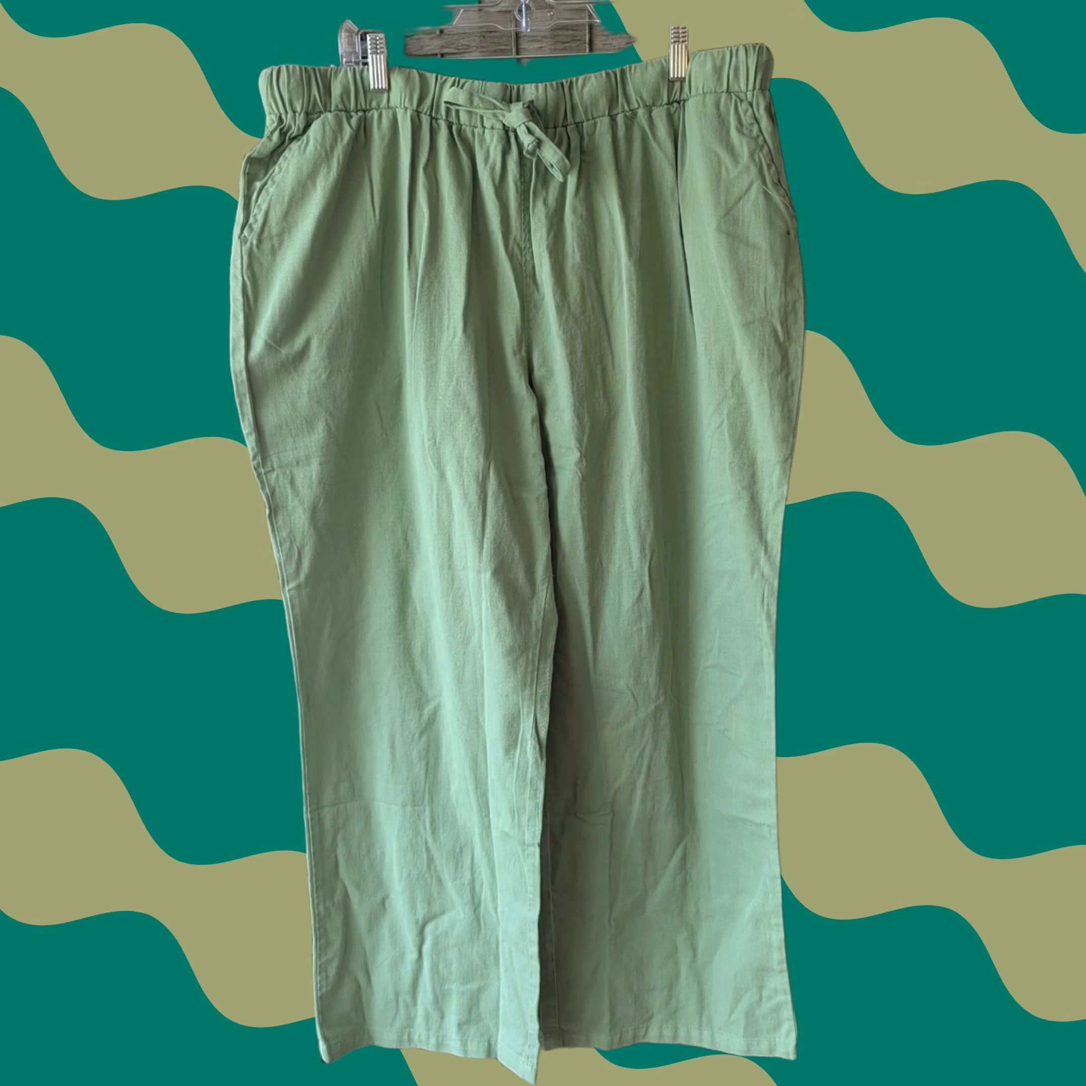 Vintage Sage Green 100% Cotton Twill Pants Womens 24W Pull On Elastic Waist Drawstring Pockets Casual Comfort Relaxed Fit Size 42" / US 20 - 1 Thumbnail