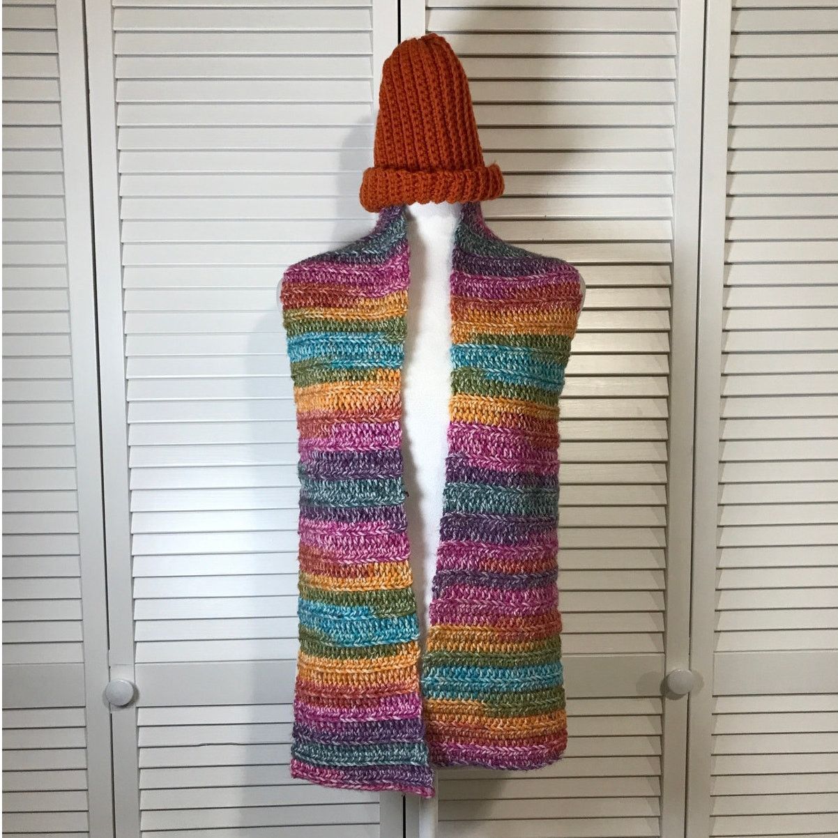 Handmade NWT Handmade Crocheted Multicolor Beanie & Scarf 54” Size ONE SIZE - 1 Thumbnail