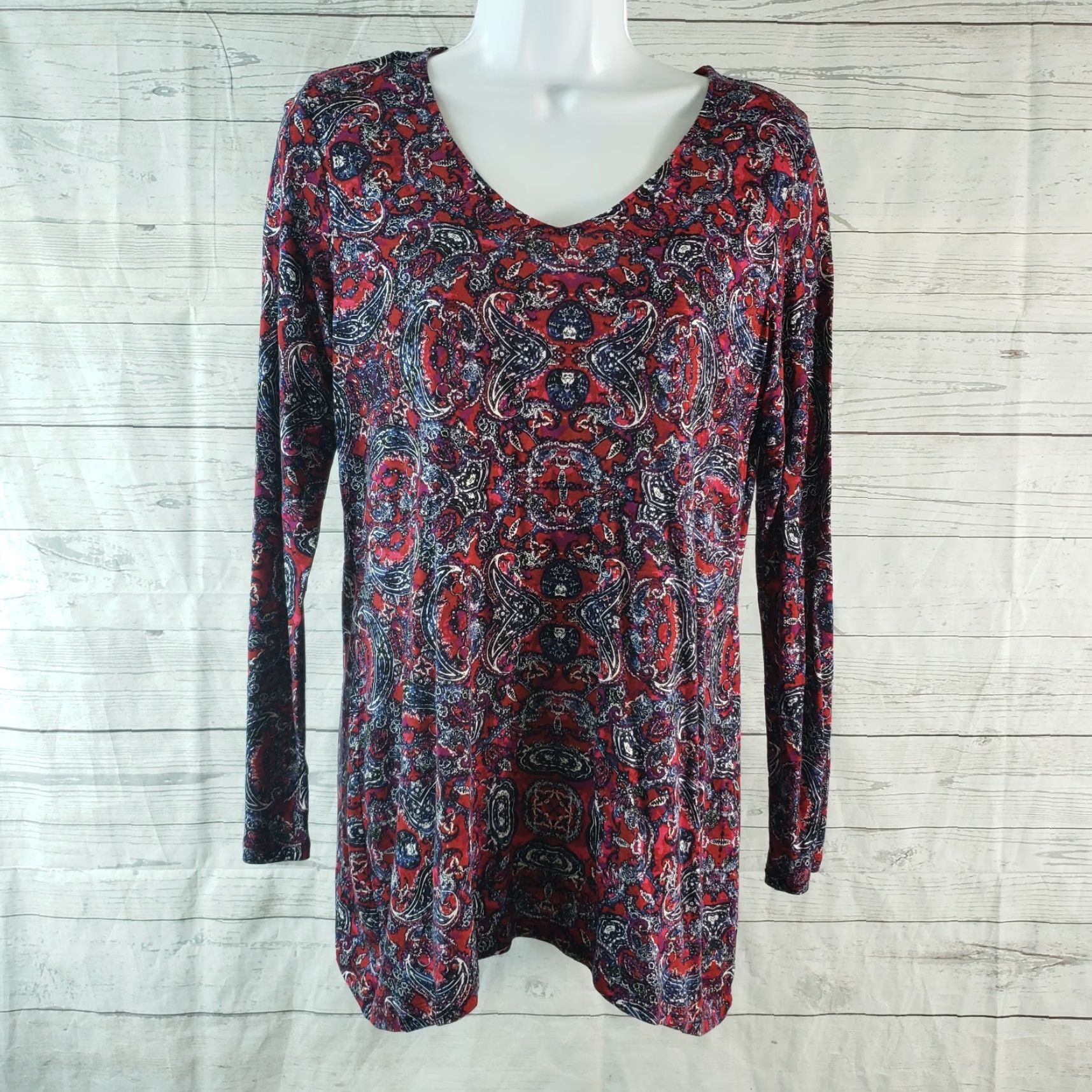 J. Jill J Jill Womens Top Shirt Long Sleeve Red Black Paisley Scoop Neck Rayon Blend Small) Size S / US 4 / IT 40 - 2 Thumbnail