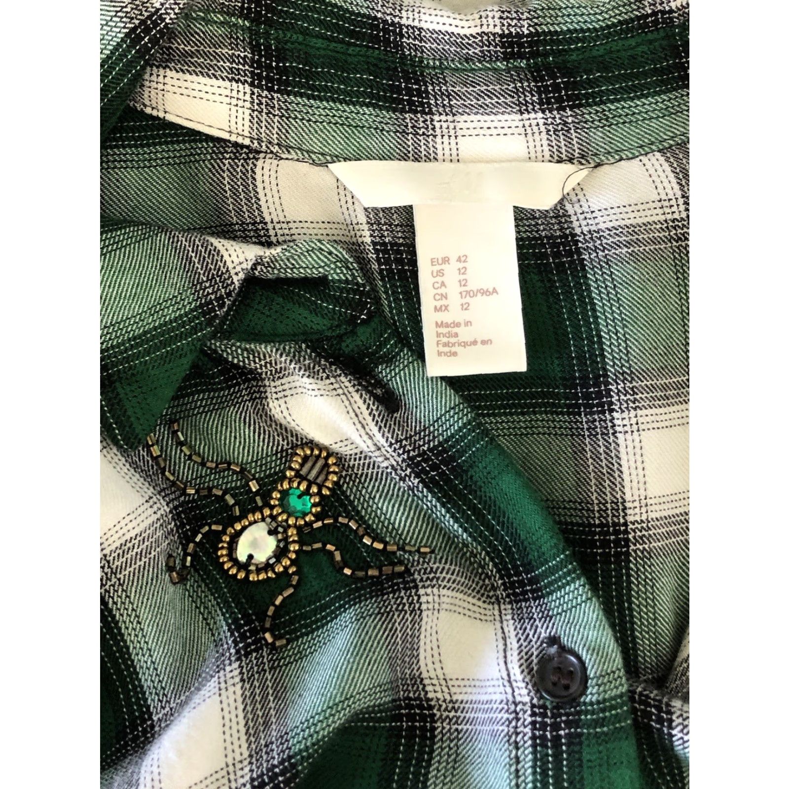 H&M VINTAGE H&M Flannel Shirt 12 Green Plaid Bead Spider Grunge Gothic Hippie Boyfriend Button-Up Women Size XL / US 12-14 / IT 48-50 - 3 Thumbnail