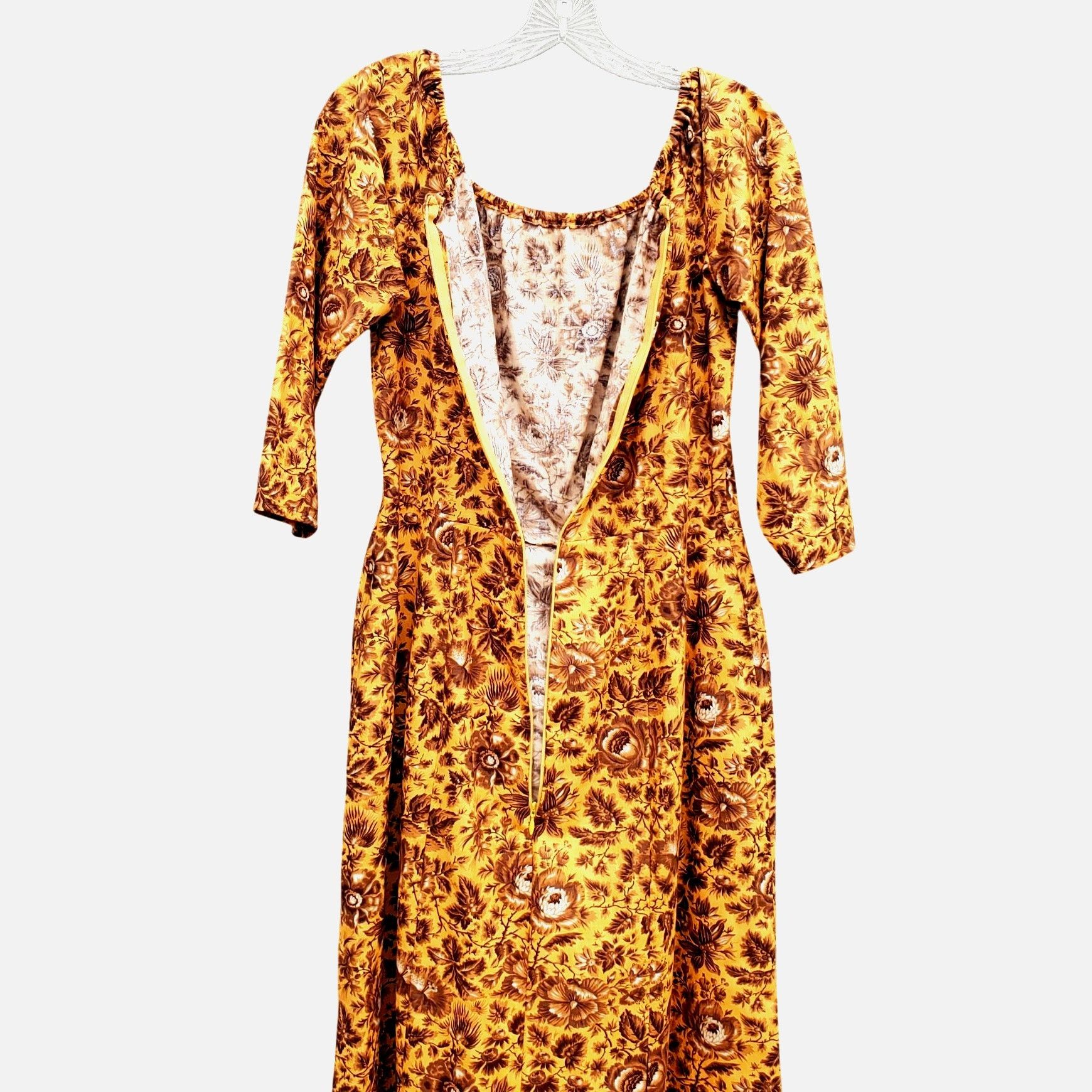 Handmade Vintage 70s Yellow Brown Floral Midi Dress Prairie Boho Autu Size L / US 10 / IT 46 - 6 Thumbnail