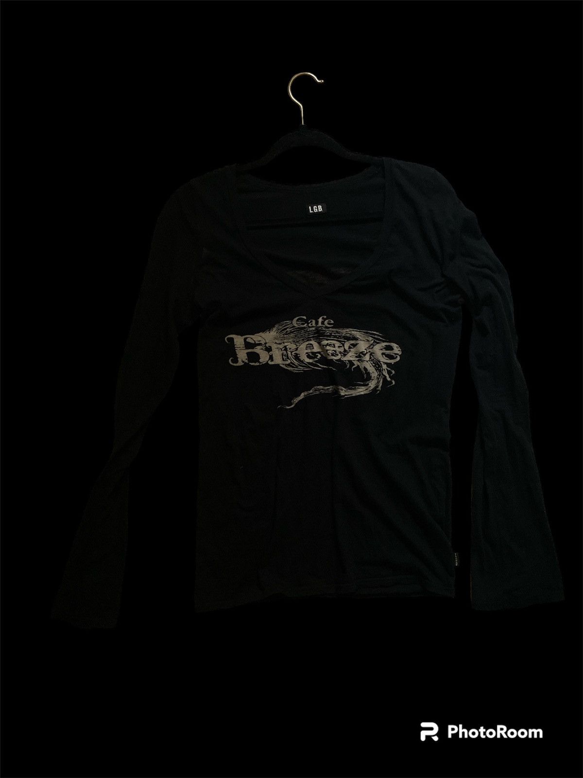 image of Le Grande Bleu L G B Lgb Black V Neck Long Sleeve Cafe Breeze Graphic, Men's (Size Small)